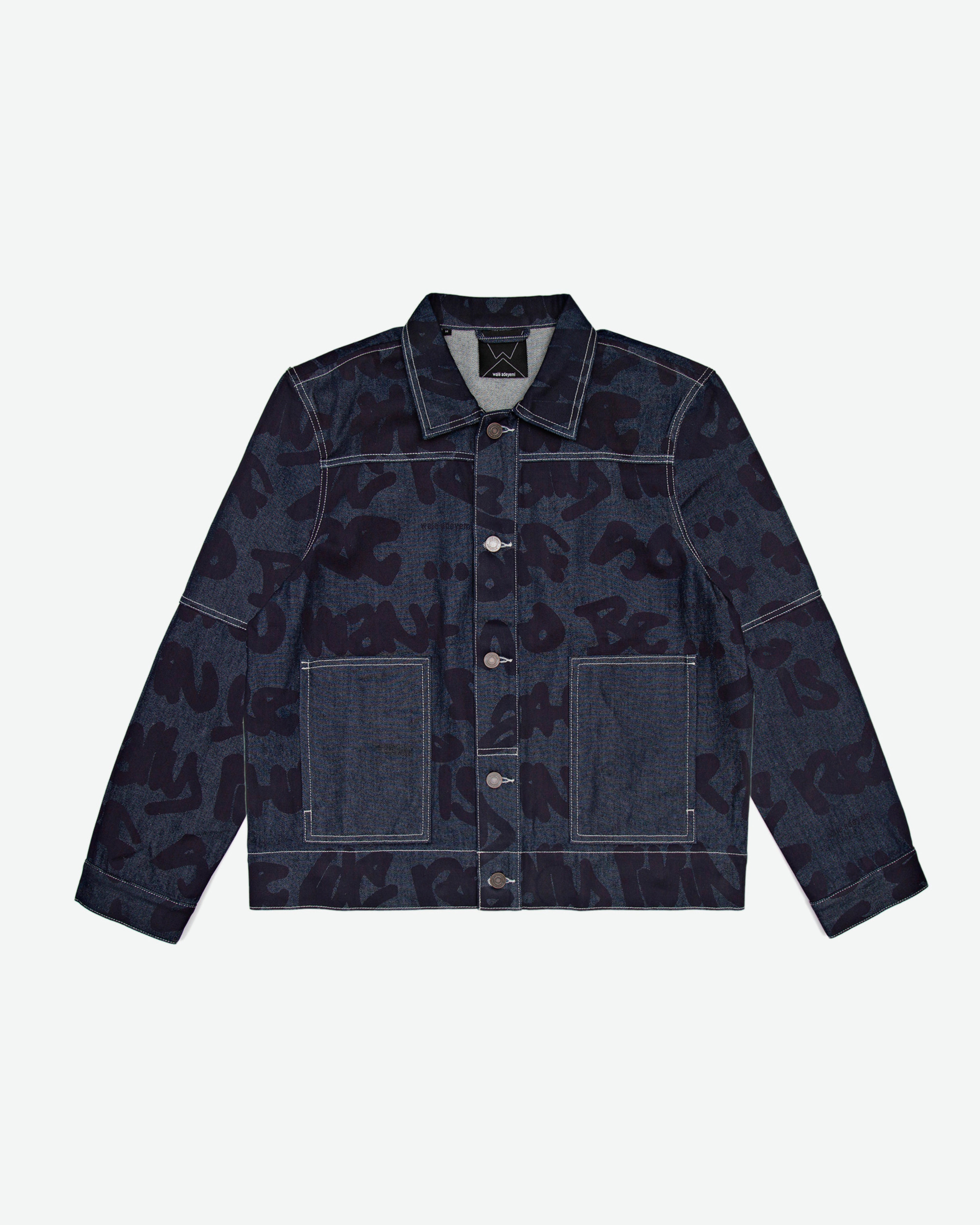 Walé Adeyemi Sound Clash Denim Jacket in Navy/Blue, front product view with graffiti print