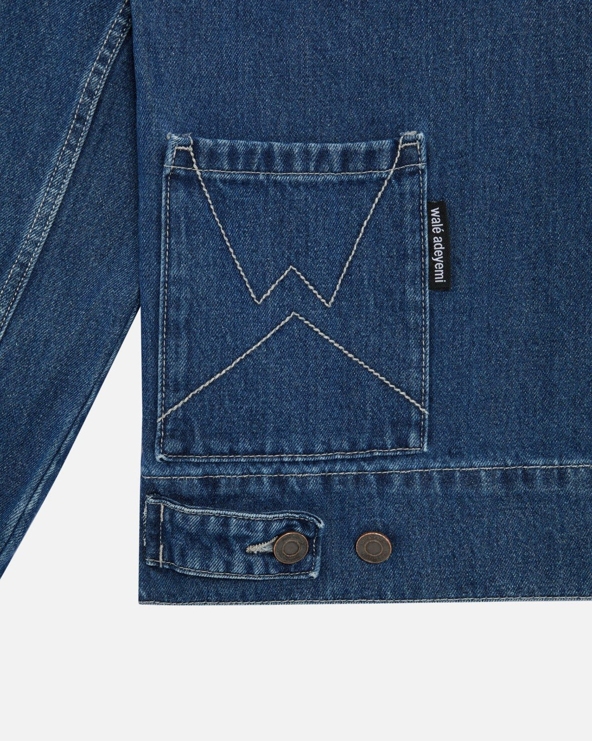 Close-up of the front pocket on Walé Adeyemi Ghost Denim Jacket in Ink