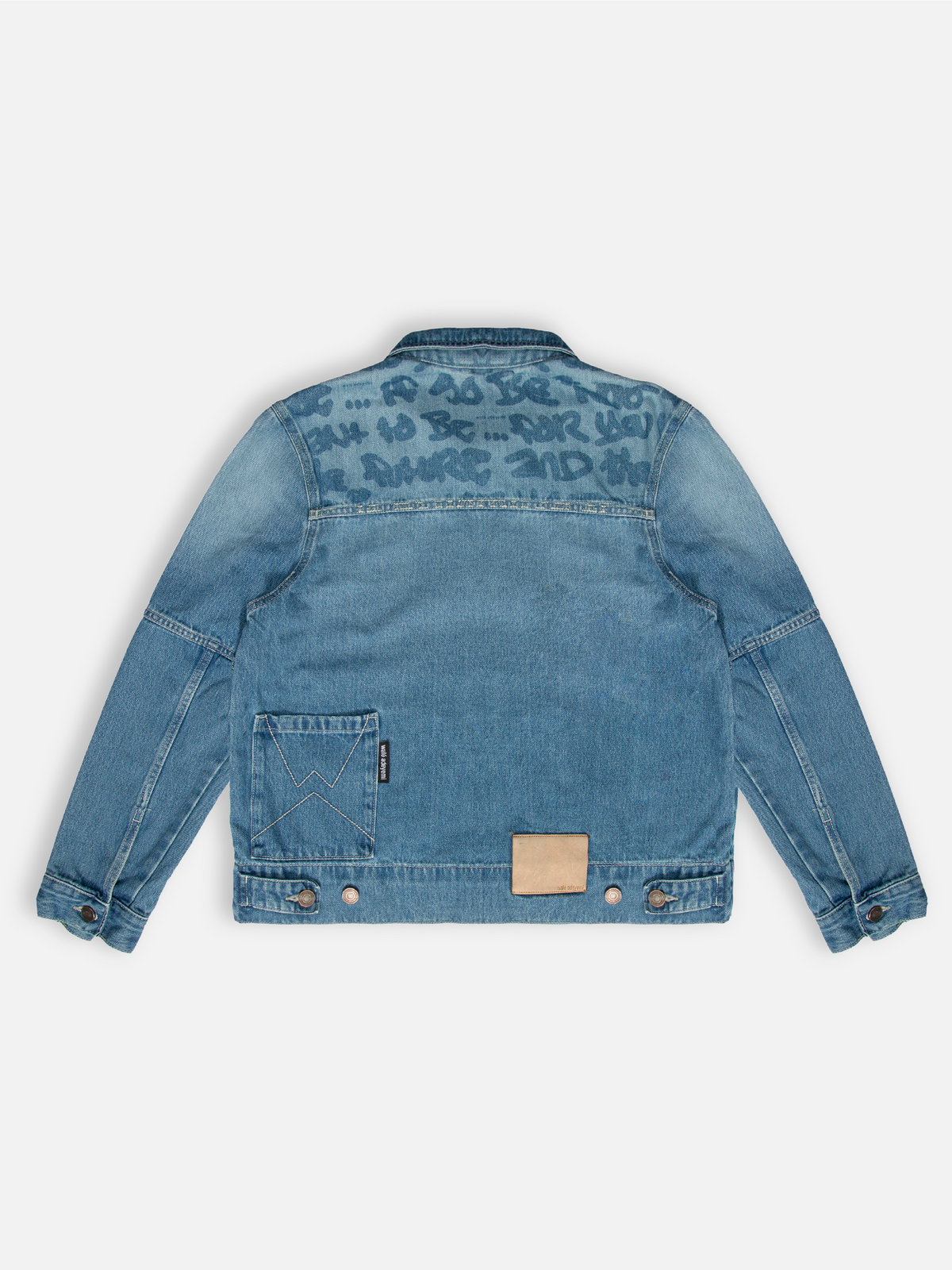 Walé Adeyemi Phantom Denim Jacket in Faded, flat lay back view, lasered Graf on the back yoke