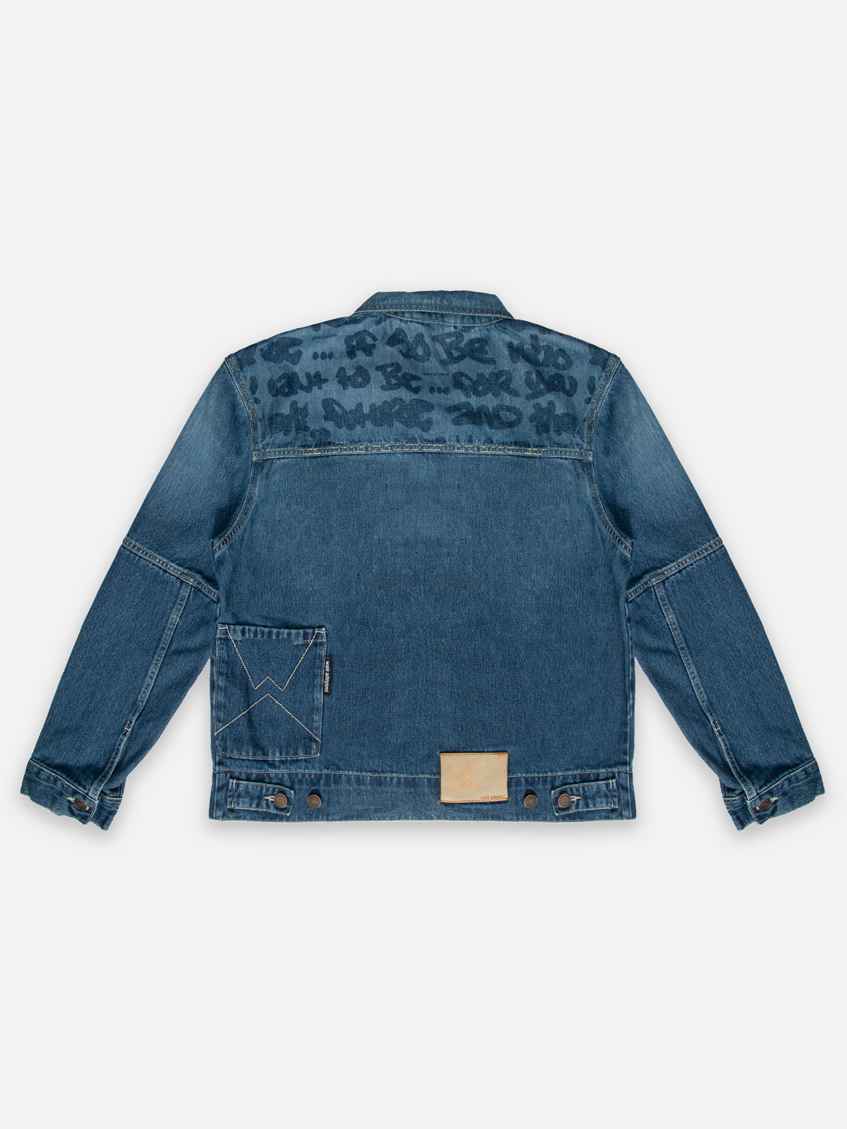 Walé Adeyemi Phantom Denim Jacket in Ink, flat lay back view, lasered Graf on the back yoke
