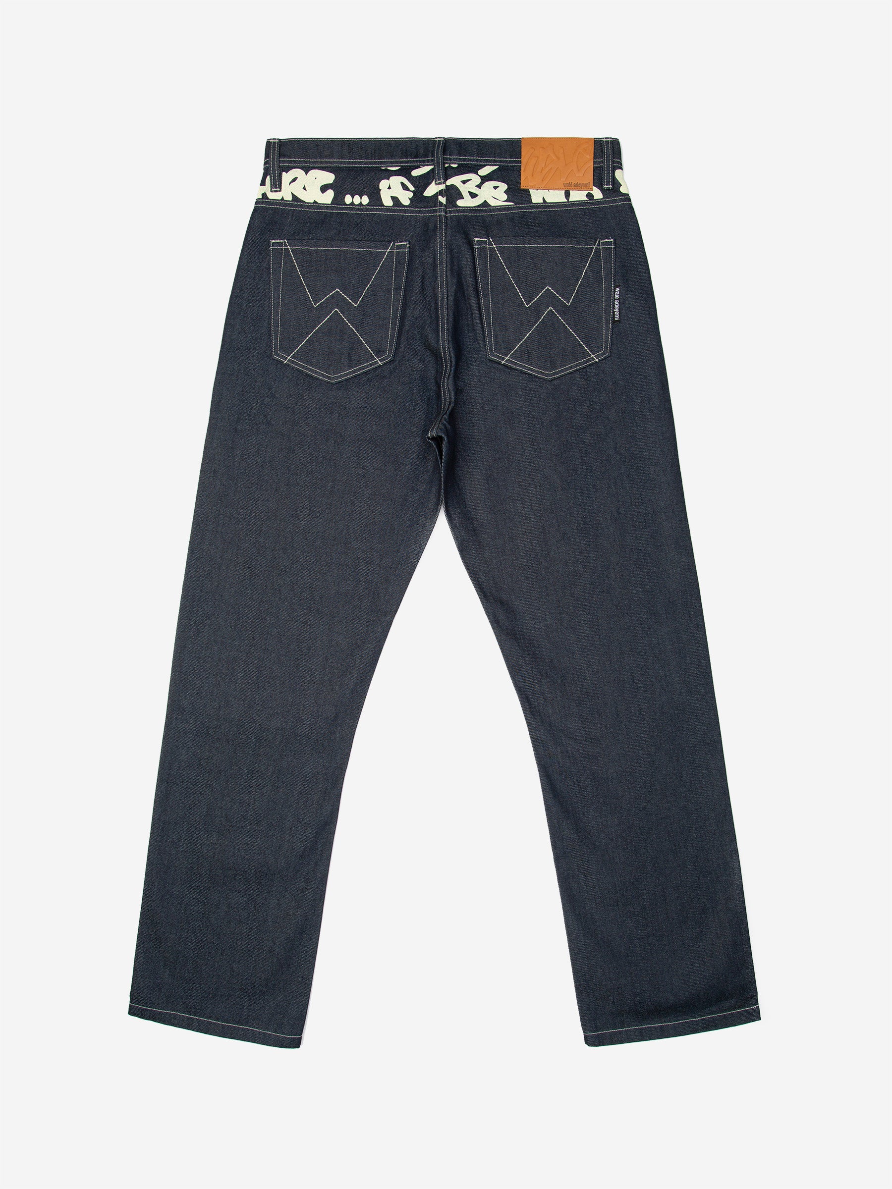 Walé Adeyemi Archive Graf Denim Jeans in Navy/Lemon, back flat-lay view showing the graffiti waistband, W stitch pockets and leather patch