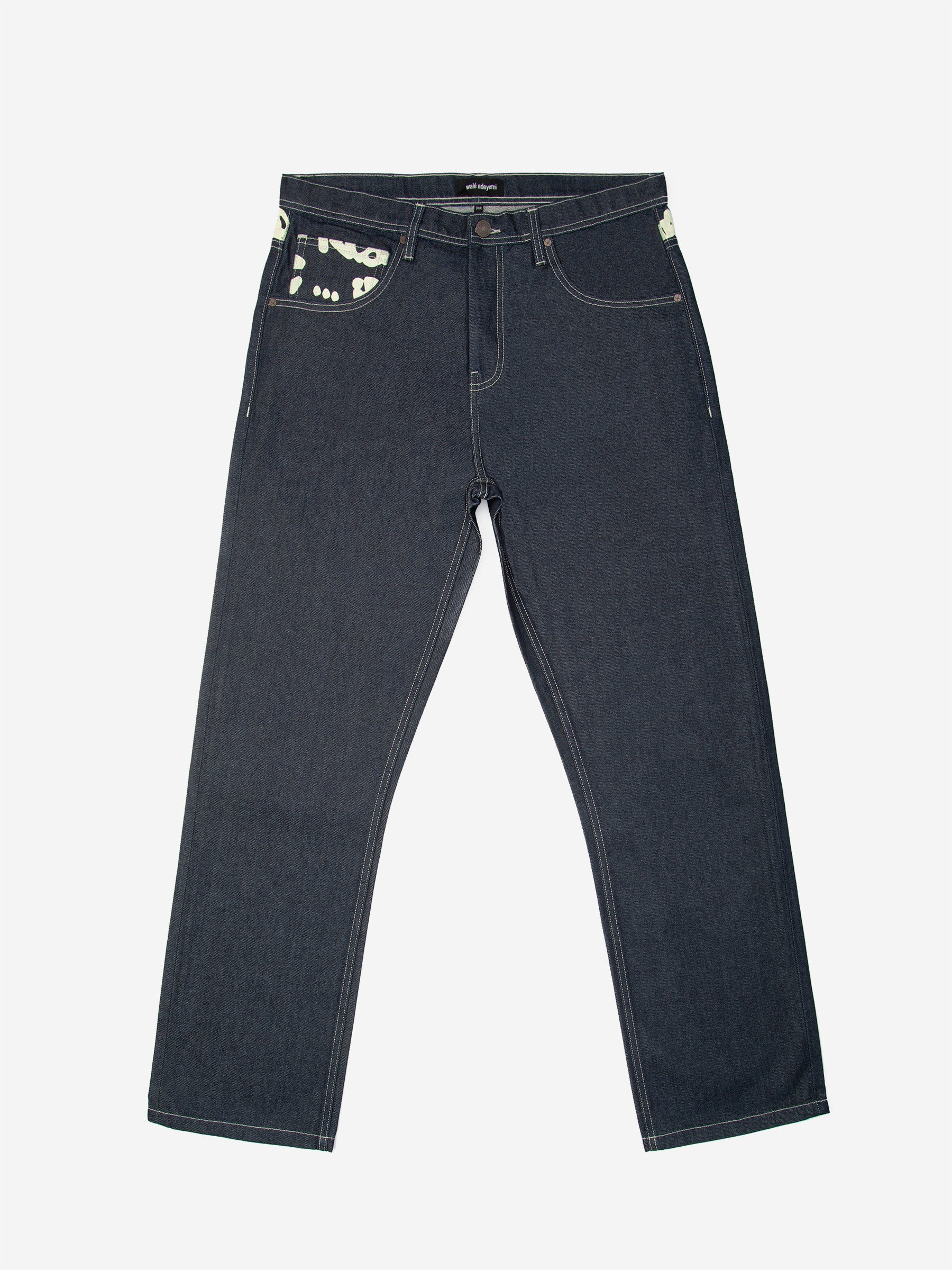Walé Adeyemi Archive Graf Denim Jeans in Navy/Lemon, front flat-lay view with graffiti-print pocket detail and contrast stitching