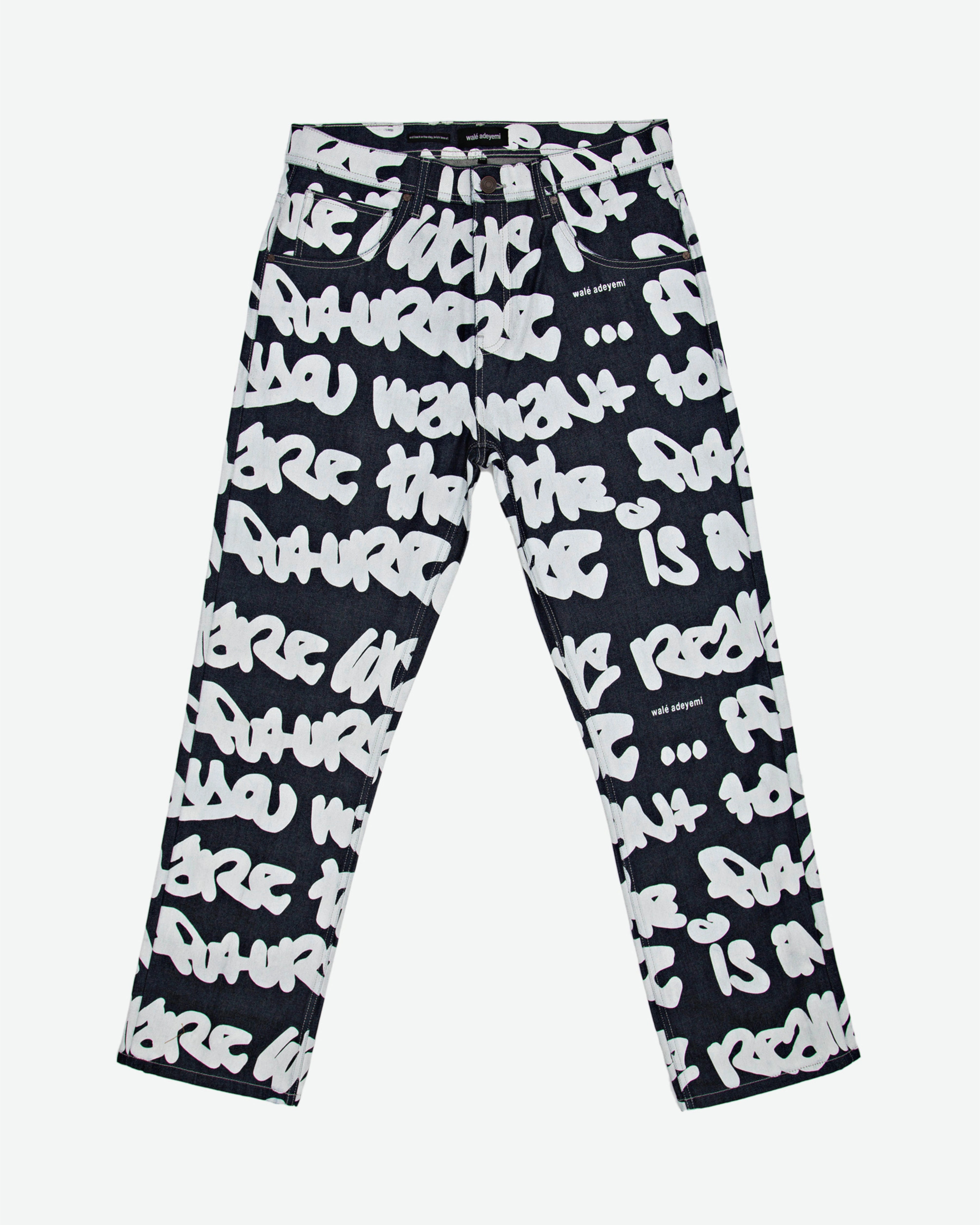 Walé Adeyemi Sound Clash Jeans in Blue/White, front flat-lay view showing the all-over graffiti print