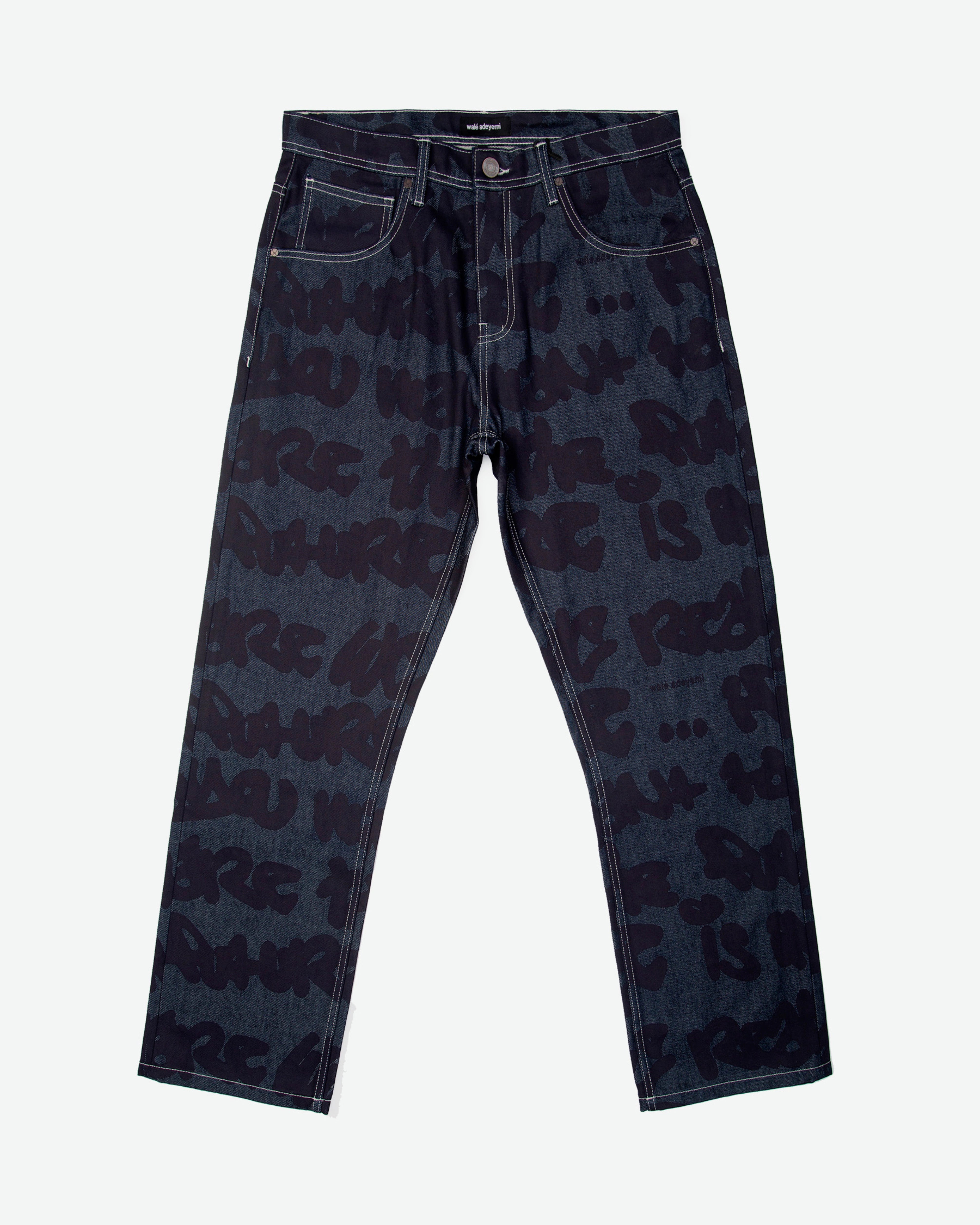 Walé Adeyemi Sound Clash Denim Jeans in Navy/Blue, front product view with graffiti print
