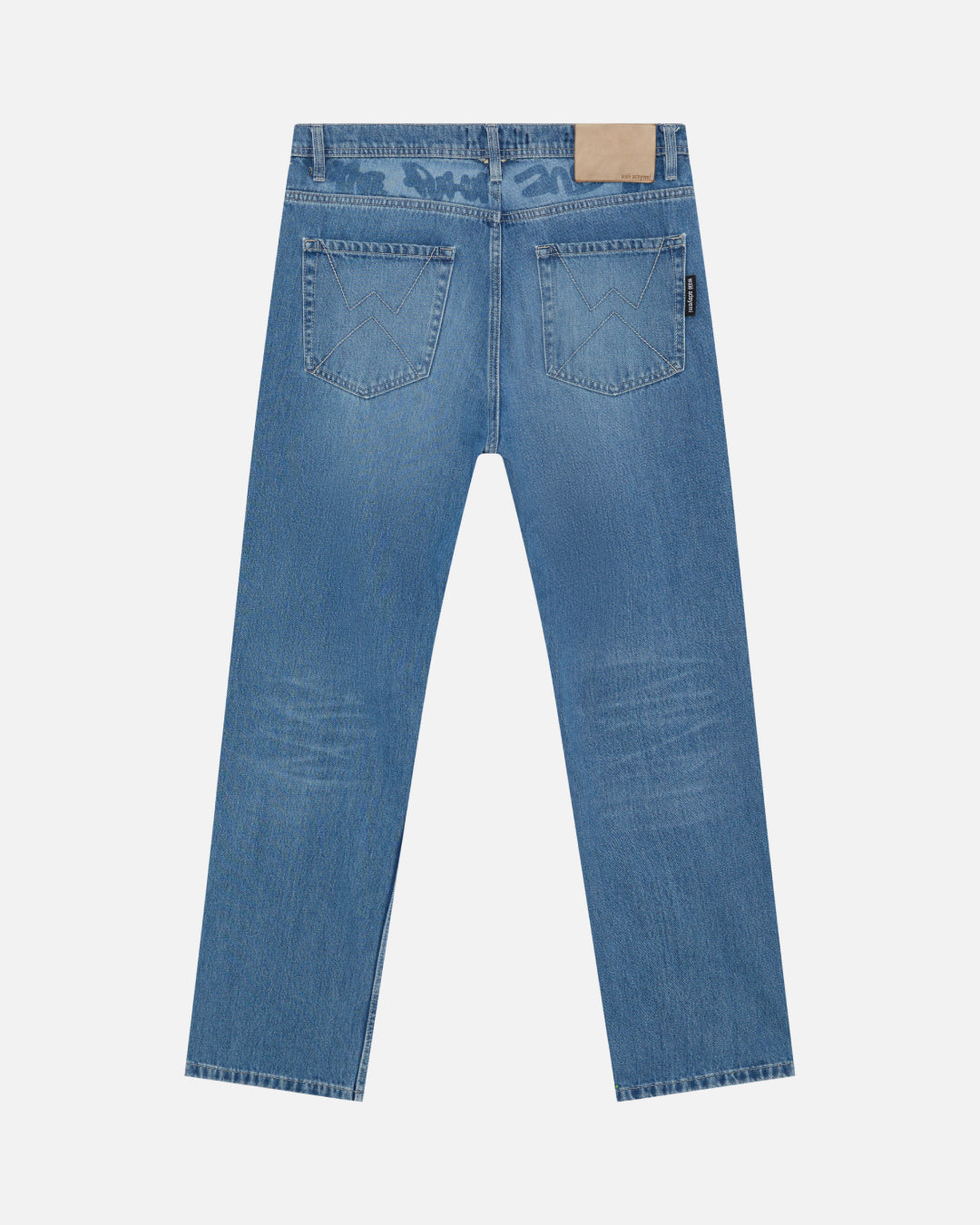 Walé Adeyemi Phantom Denim Jeans in Faded, flat lay back view showing the lasered Graf on the back yoke