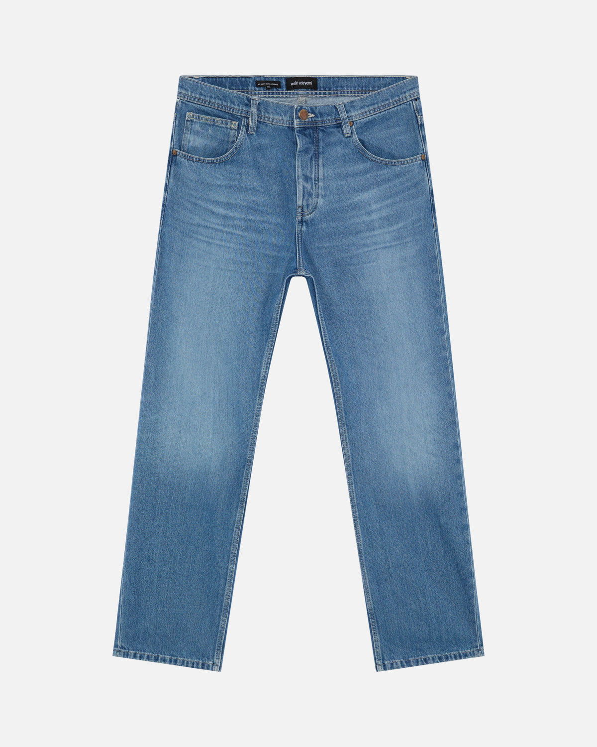 Walé Adeyemi Phantom Denim Jeans in Faded, flat lay front view, clean front with lasered Graf on the back yoke
