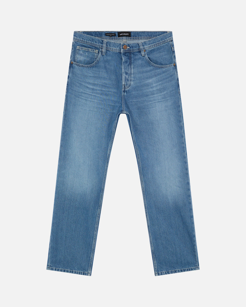 Walé Adeyemi Phantom Denim Jeans in Faded, flat lay front view, clean front with lasered Graf on the back yoke