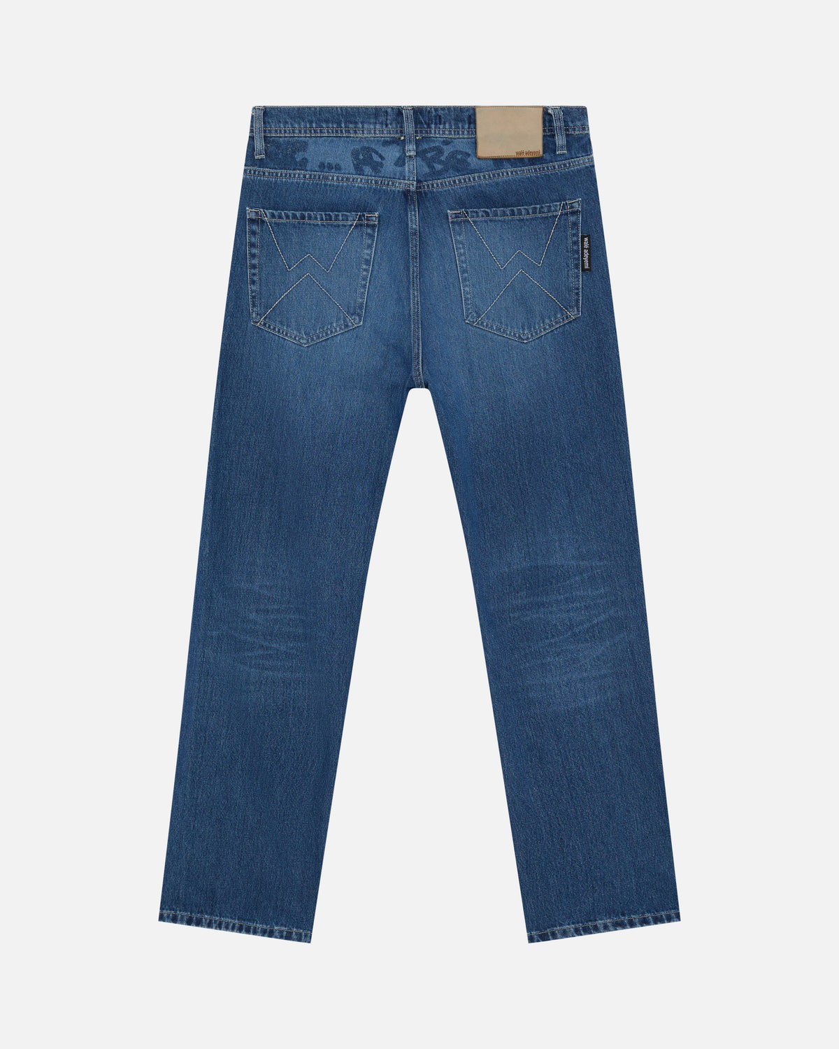 Walé Adeyemi Phantom Denim Jeans in Ink, flat lay back view showing the lasered Graf on the back yoke