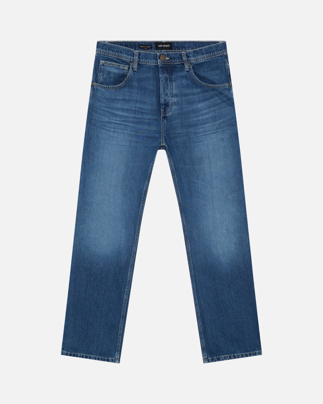 Walé Adeyemi Phantom Denim Jeans in Ink, flat lay front view, clean front with lasered Graf on the back yoke