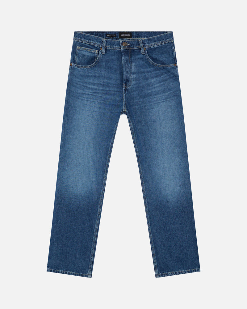 Walé Adeyemi Phantom Denim Jeans in Ink, flat lay front view, clean front with lasered Graf on the back yoke