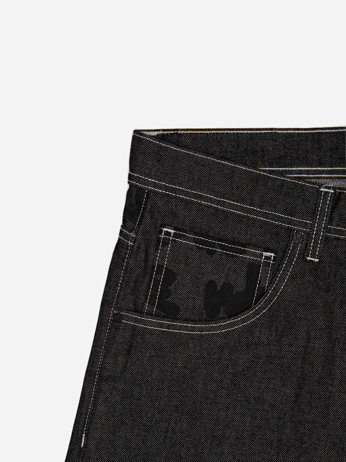 Close-up of the front pocket on the Walé Adeyemi Midnight Graf Denim Jeans in Black