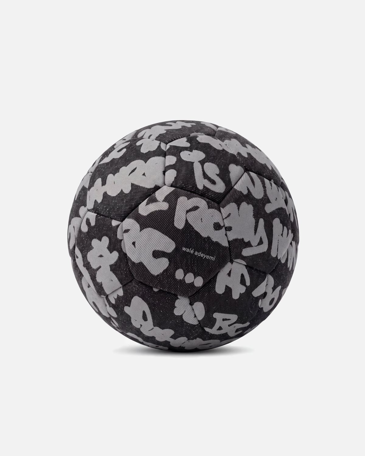Walé Adeyemi Trivela Denim Football in Black, front view, grey Graf printed across the panels