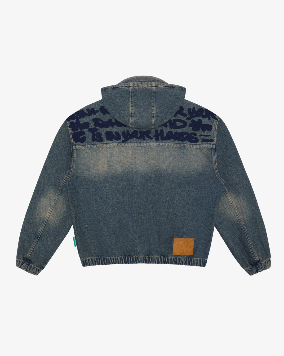 Walé Adeyemi Rinse Denim Hooded Jacket in Navy Peony (tinted dark wash), flat on white, back