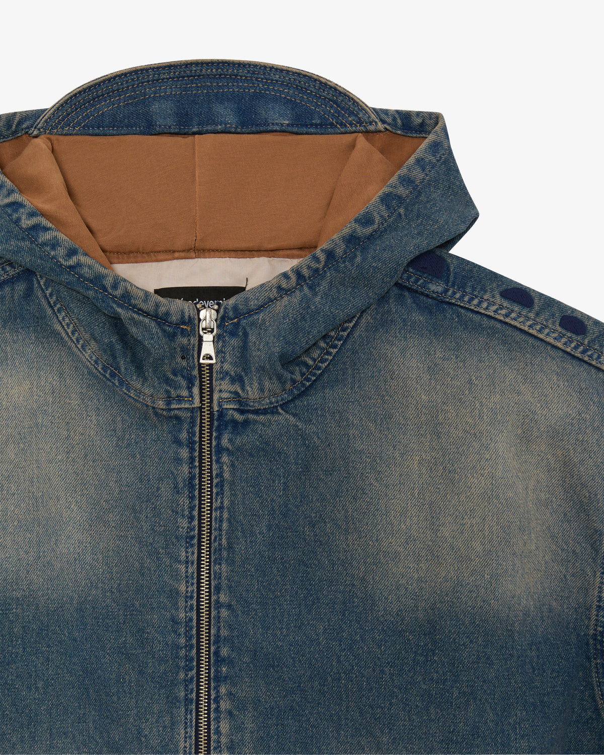 Walé Adeyemi Rinse Denim Hooded Jacket in Navy Peony (tinted dark wash), hood detail