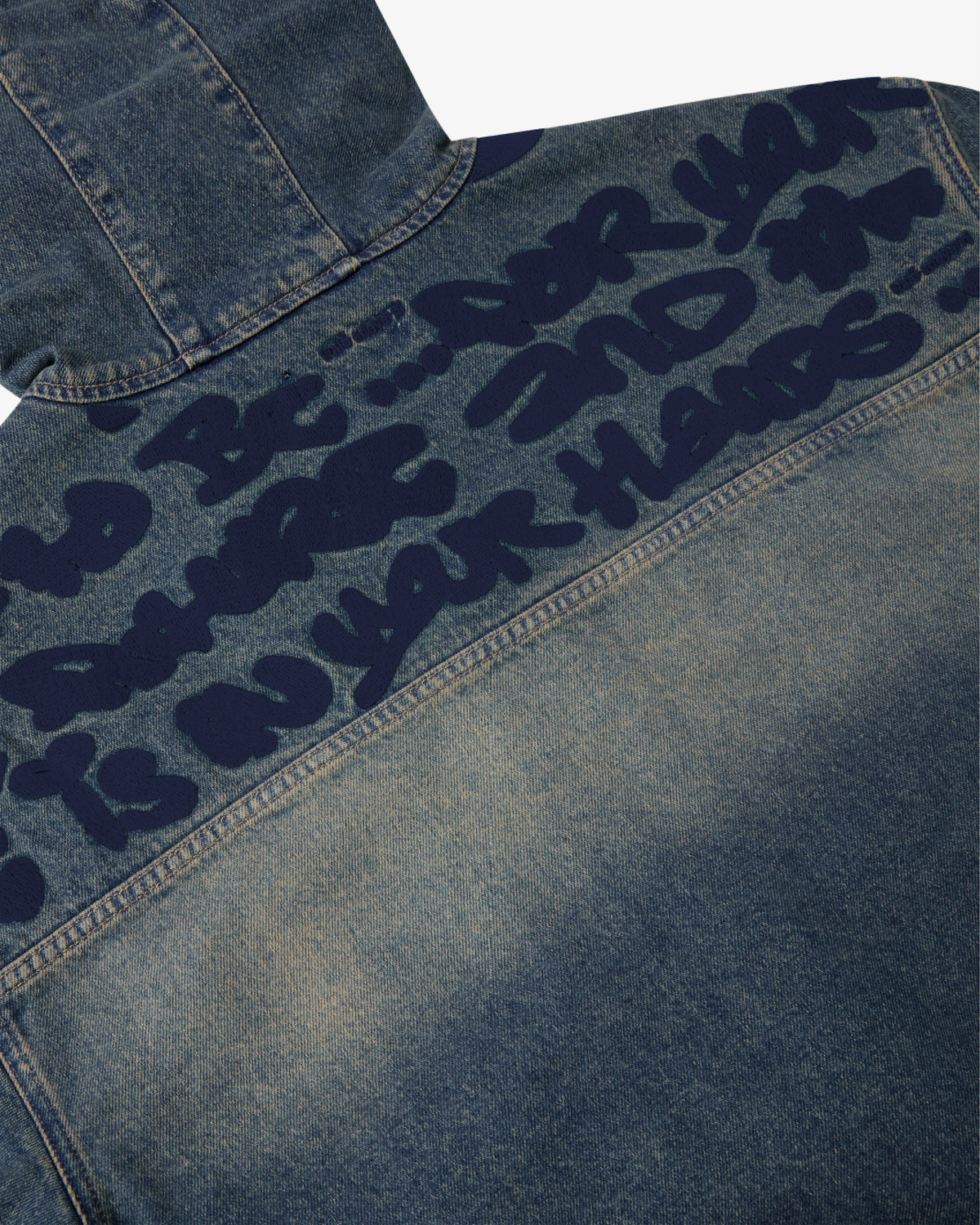 Walé Adeyemi Rinse Denim Hooded Jacket in Navy Peony (tinted dark wash), embroidery detail