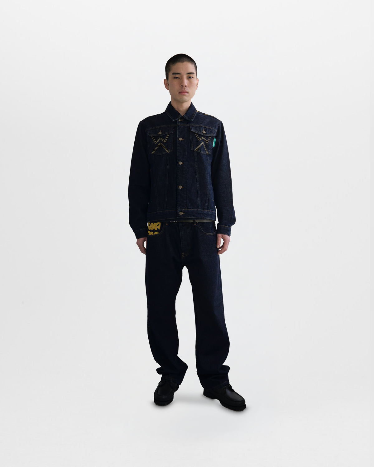 Walé Adeyemi Sessions Denim Jacket and Jeans in Misted Yellow (raw rinse wash), on model, front