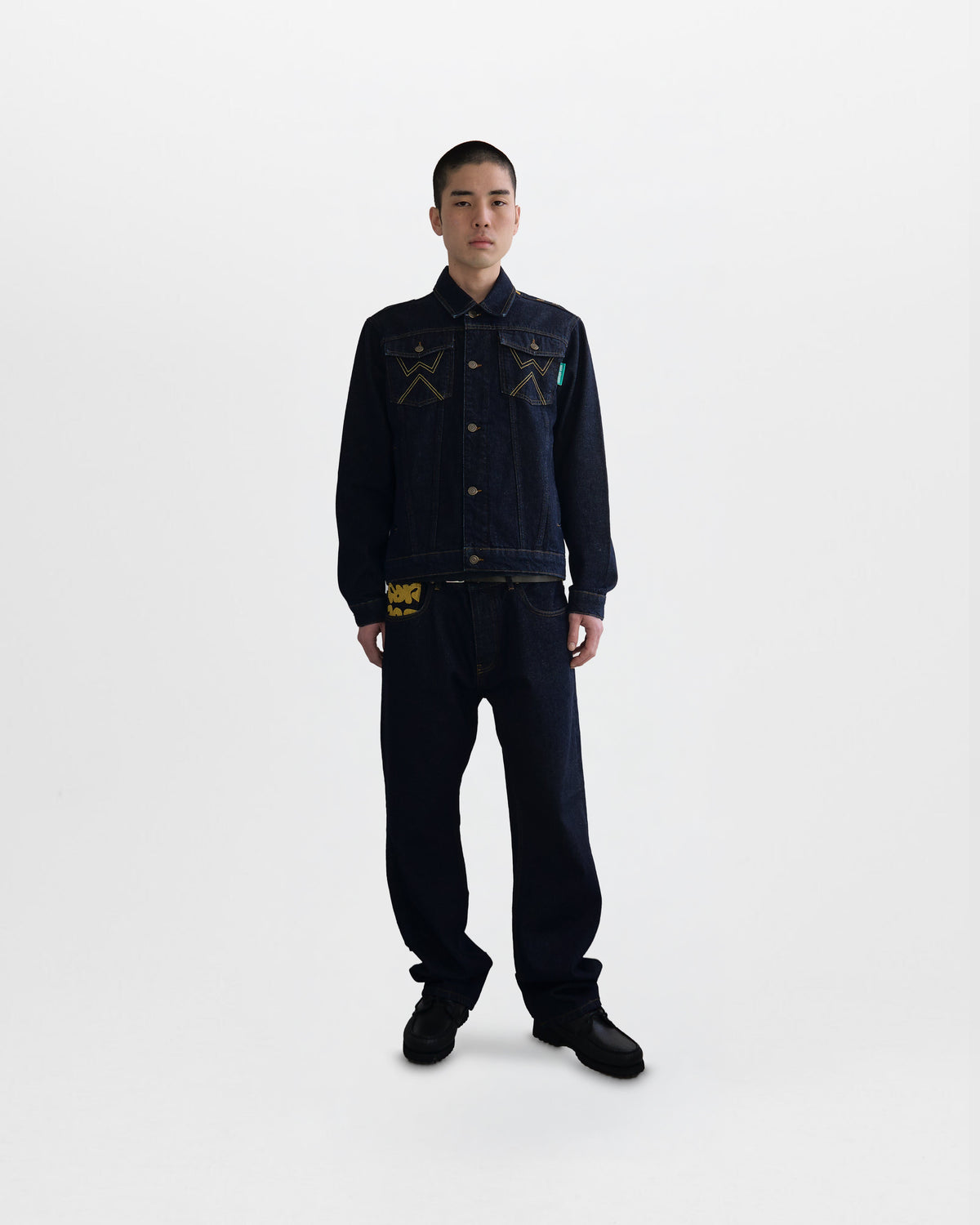 Walé Adeyemi Sessions Denim Jeans and Jacket in Misted Yellow (raw rinse wash), on model, front