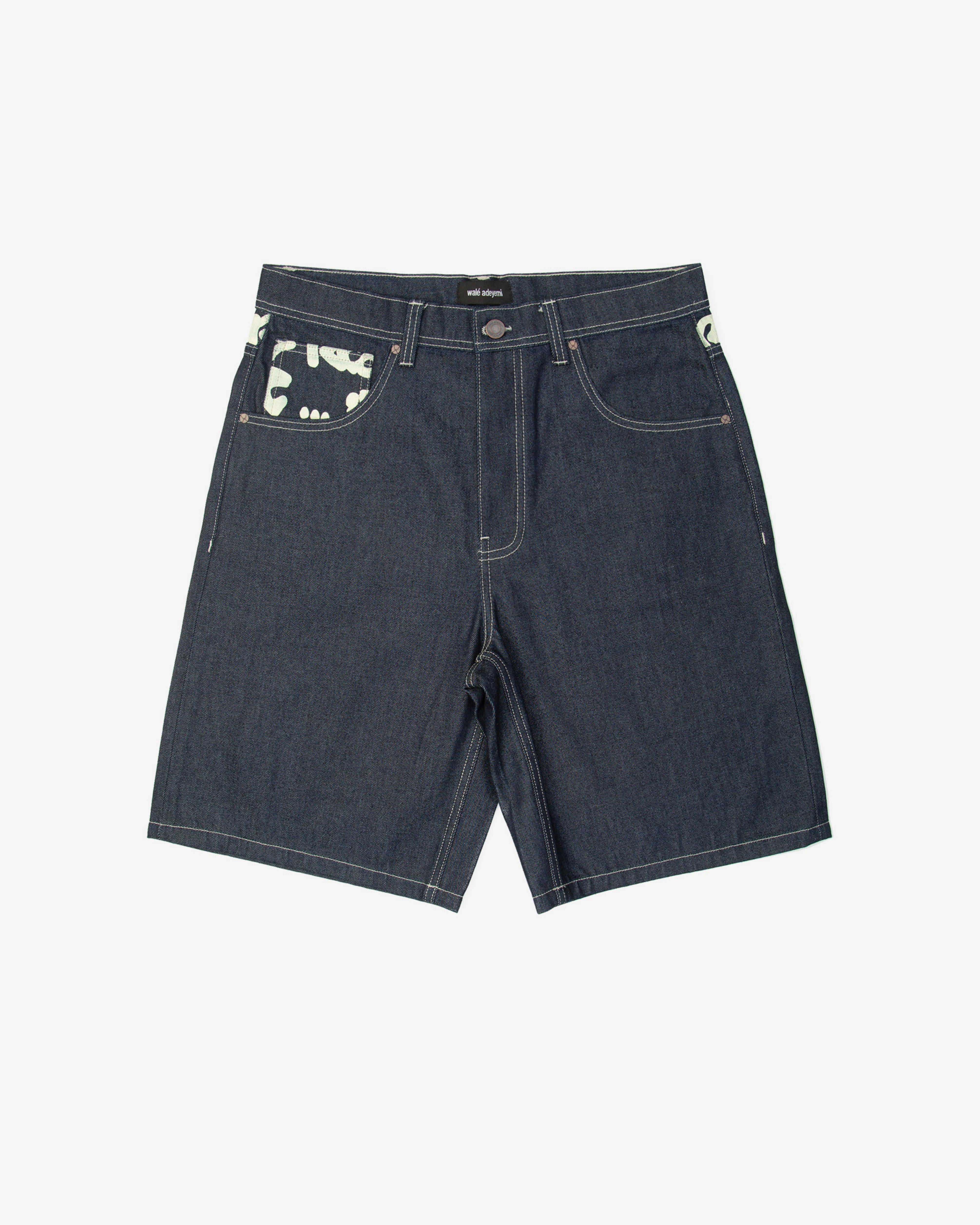 Walé Adeyemi Archive Graf Denim Shorts in Navy/Lemon, front flat-lay view with graffiti-print pocket detail