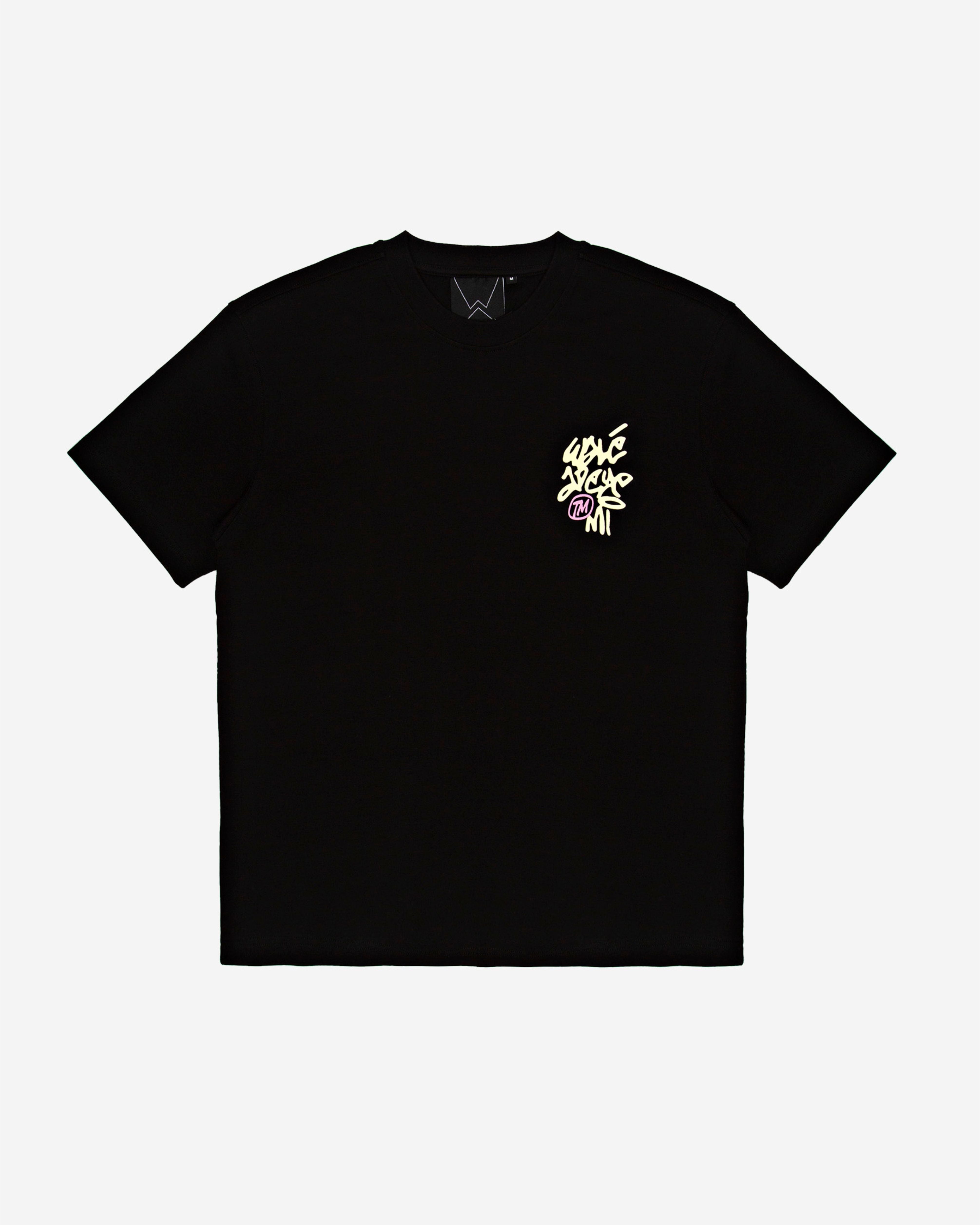 Walé Adeyemi Vinnie T-shirt in Black/Lemon, front flat-lay view with chest logo print