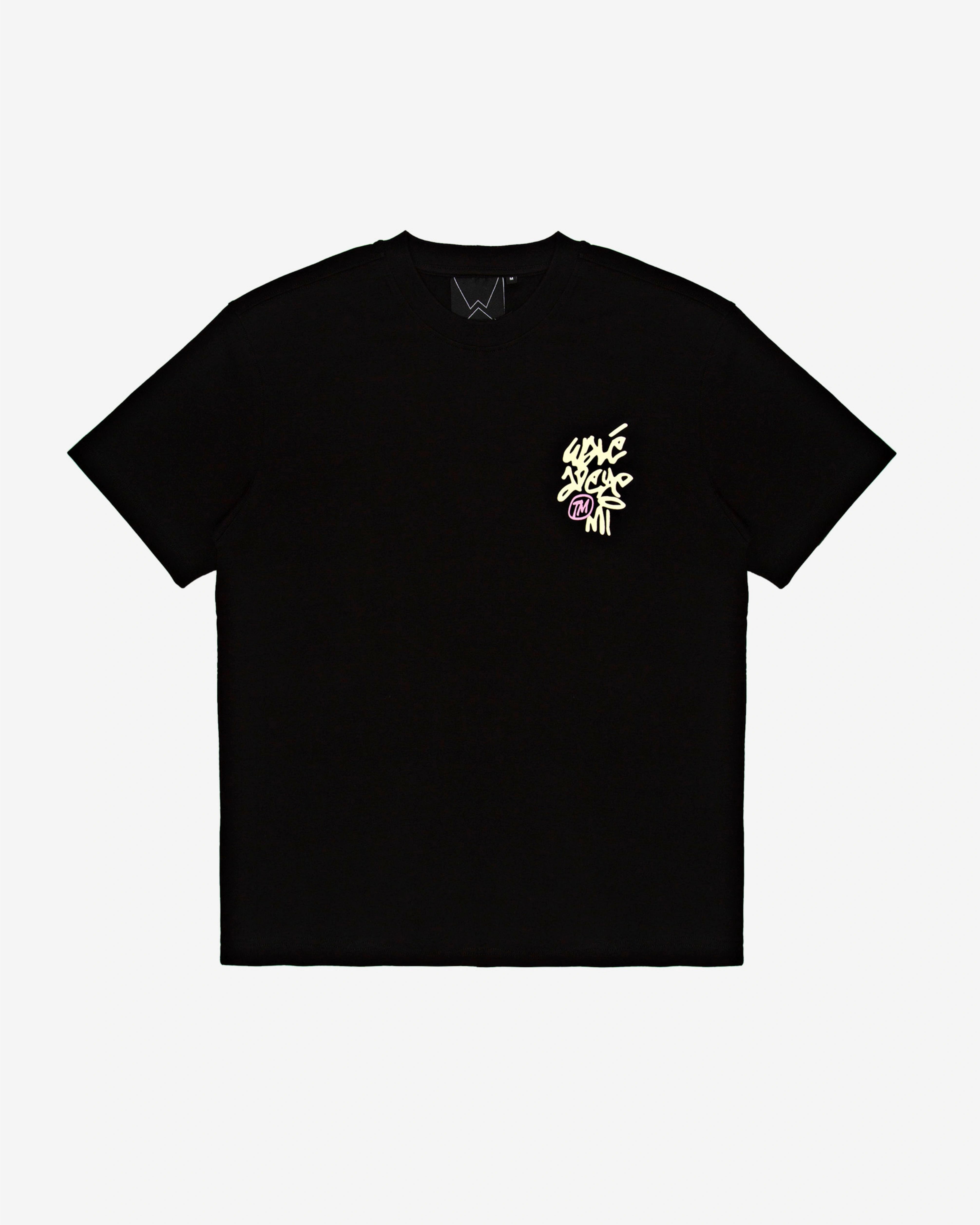 Walé Adeyemi Vinnie T-shirt in Black/Lemon, front flat-lay view with chest logo print