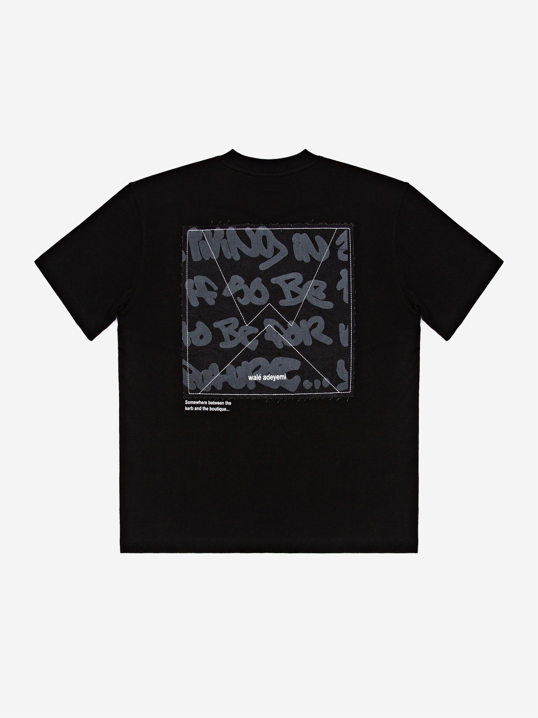 Walé Adeyemi Backbeat T-shirt in Black/White, back flat-lay view showing the graffiti-print denim applique panel