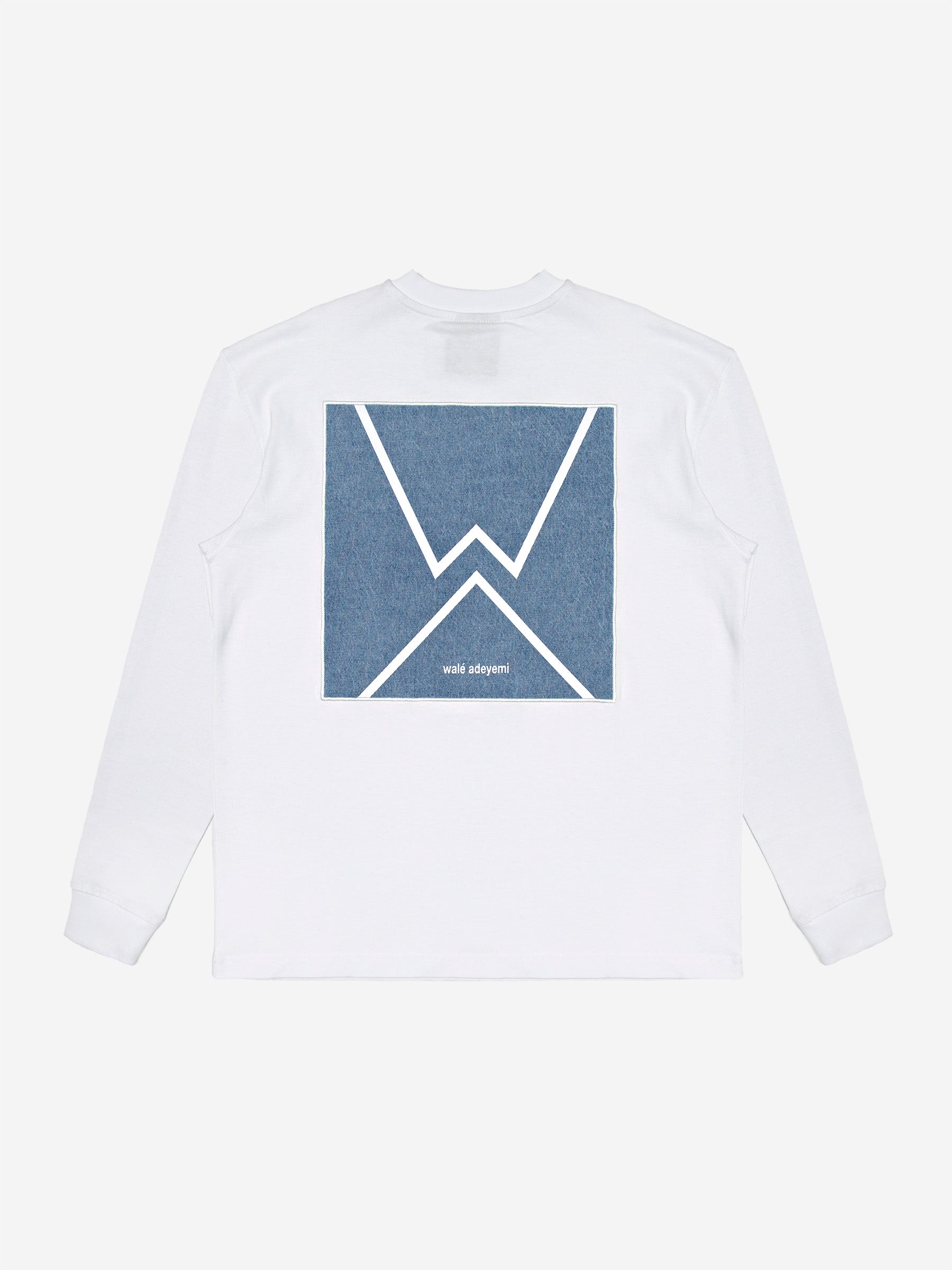 Walé Adeyemi Backbeat long-sleeve T-shirt in White/Blue, back flat-lay view showing the denim W applique panel