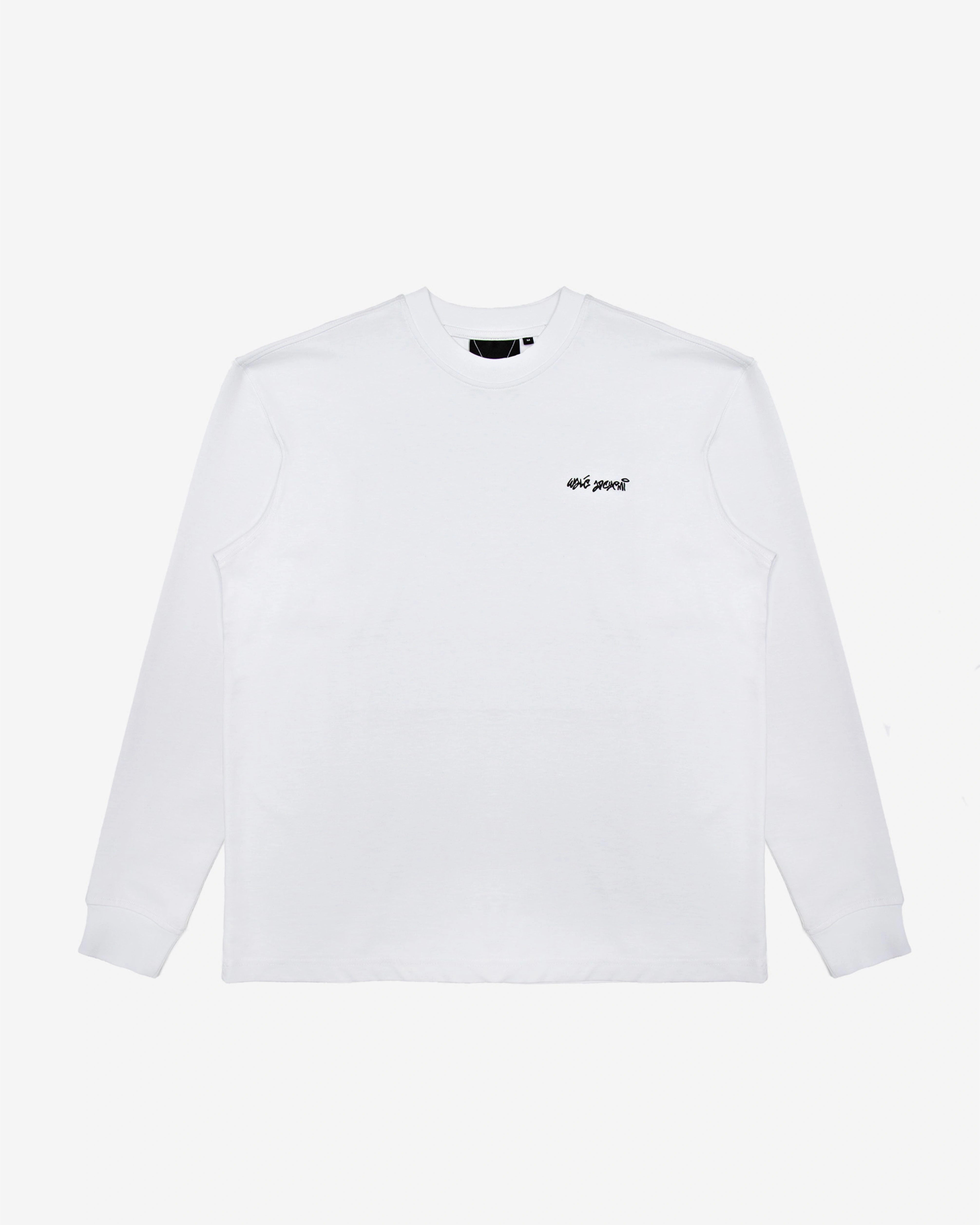 Walé Adeyemi Backbeat long-sleeve T-shirt in White/Blue, front flat-lay view showing the denim W applique panel