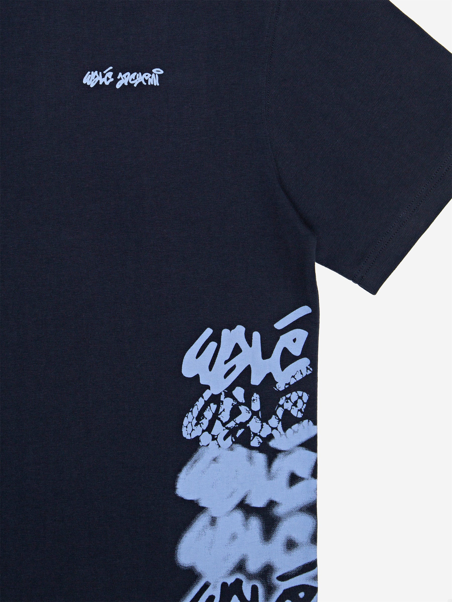 Detail of the chest logo and stacked graffiti side print on the Walé Adeyemi Column T-shirt in Blue/Light Blue