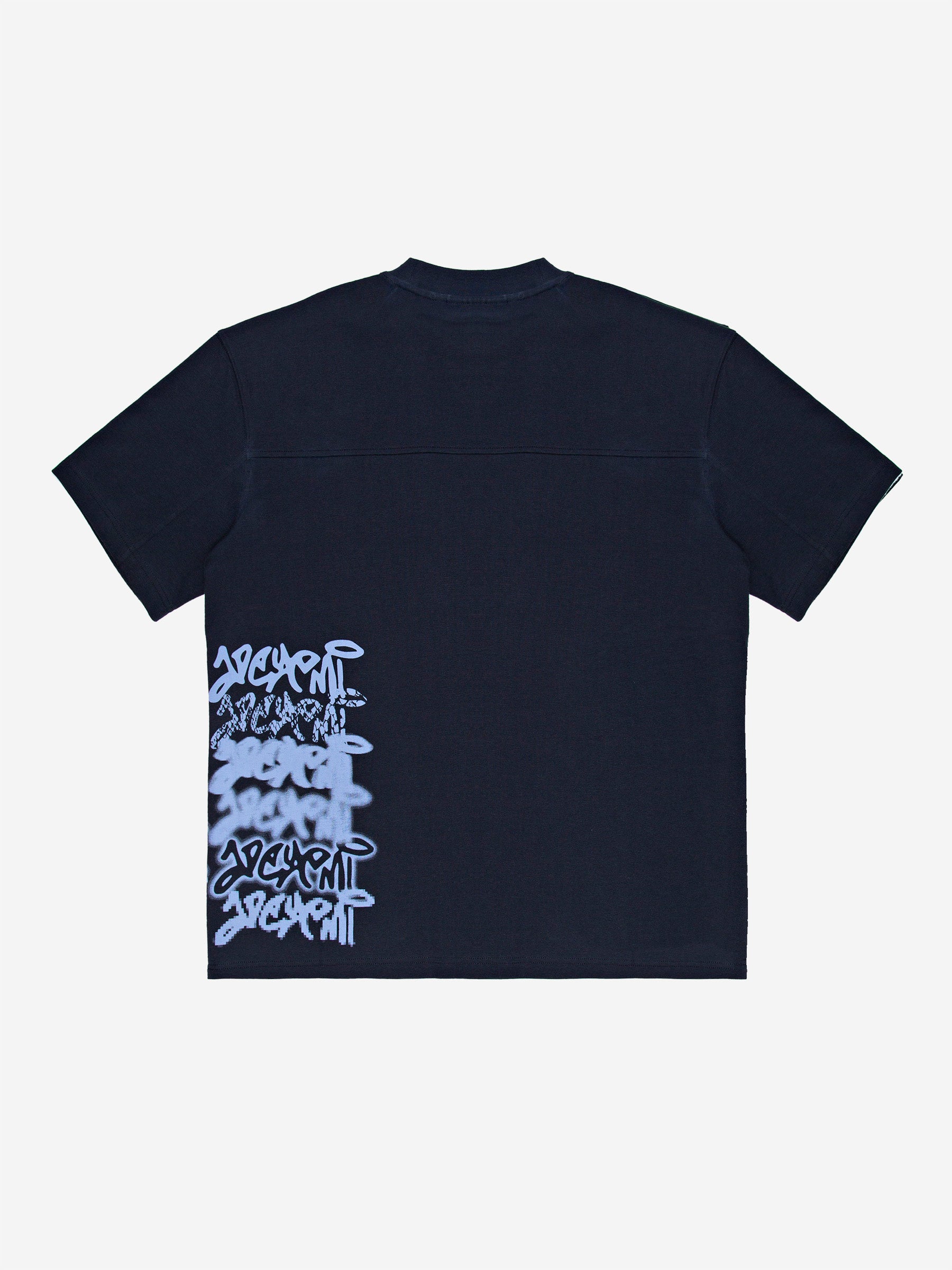 Walé Adeyemi Column T-shirt in Blue/Light Blue, back flat-lay view showing the stacked graffiti side print