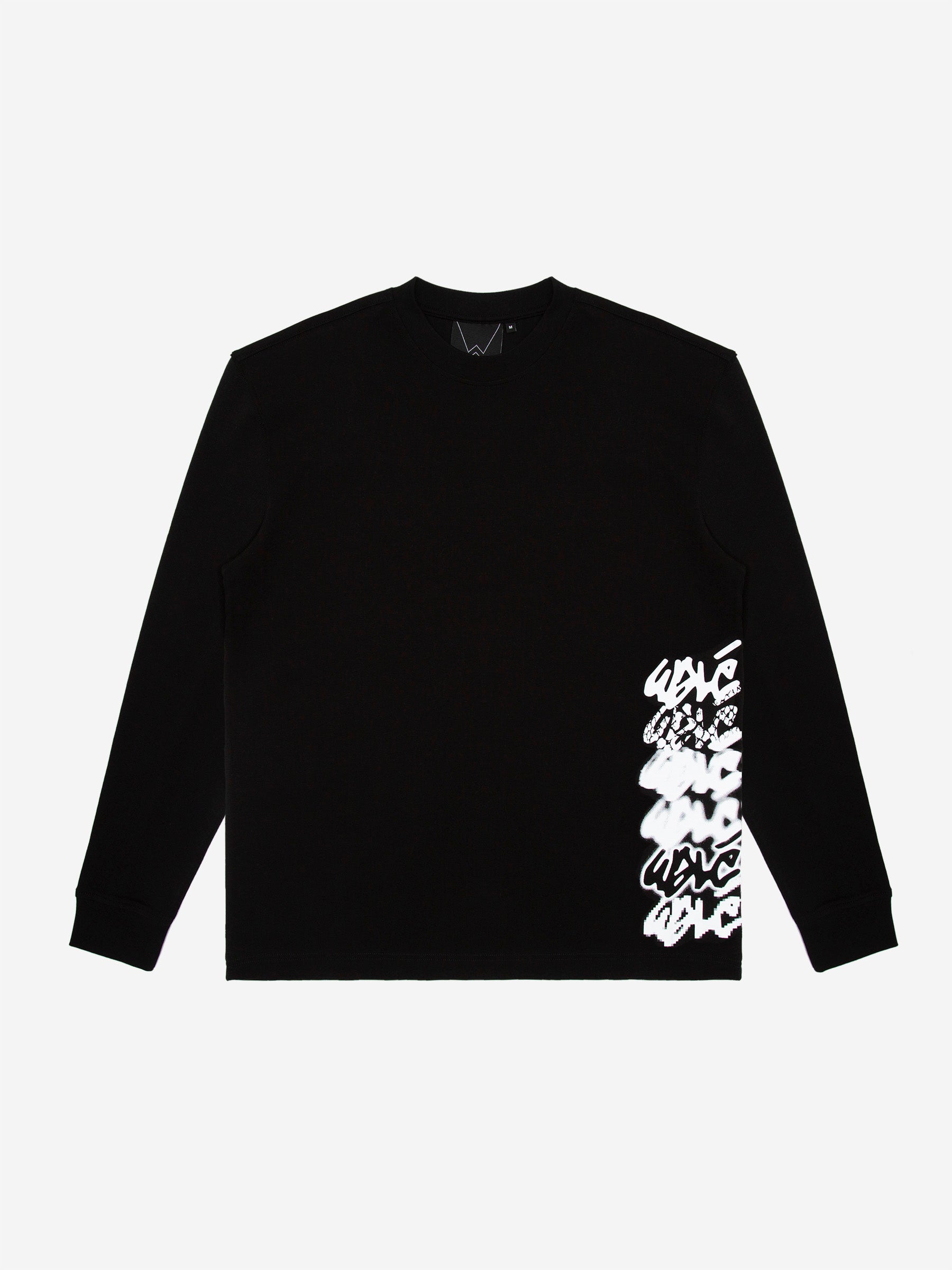 Walé Adeyemi Column long-sleeve T-shirt in Black/White, front flat-lay view with stacked graffiti side print