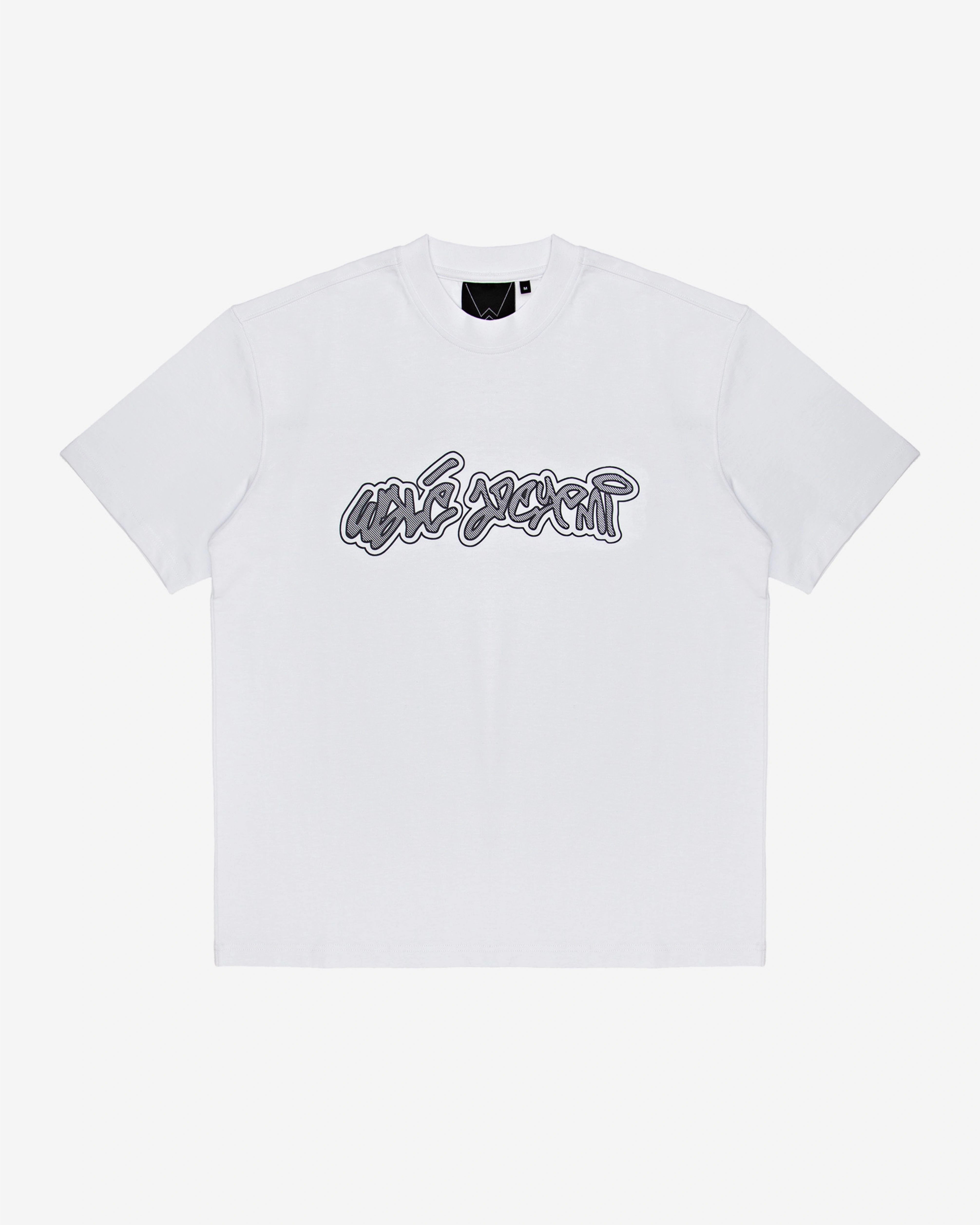 Walé Adeyemi Rhythm T-shirt in White/Black, front flat-lay view with high-build graffiti logo across the chest
