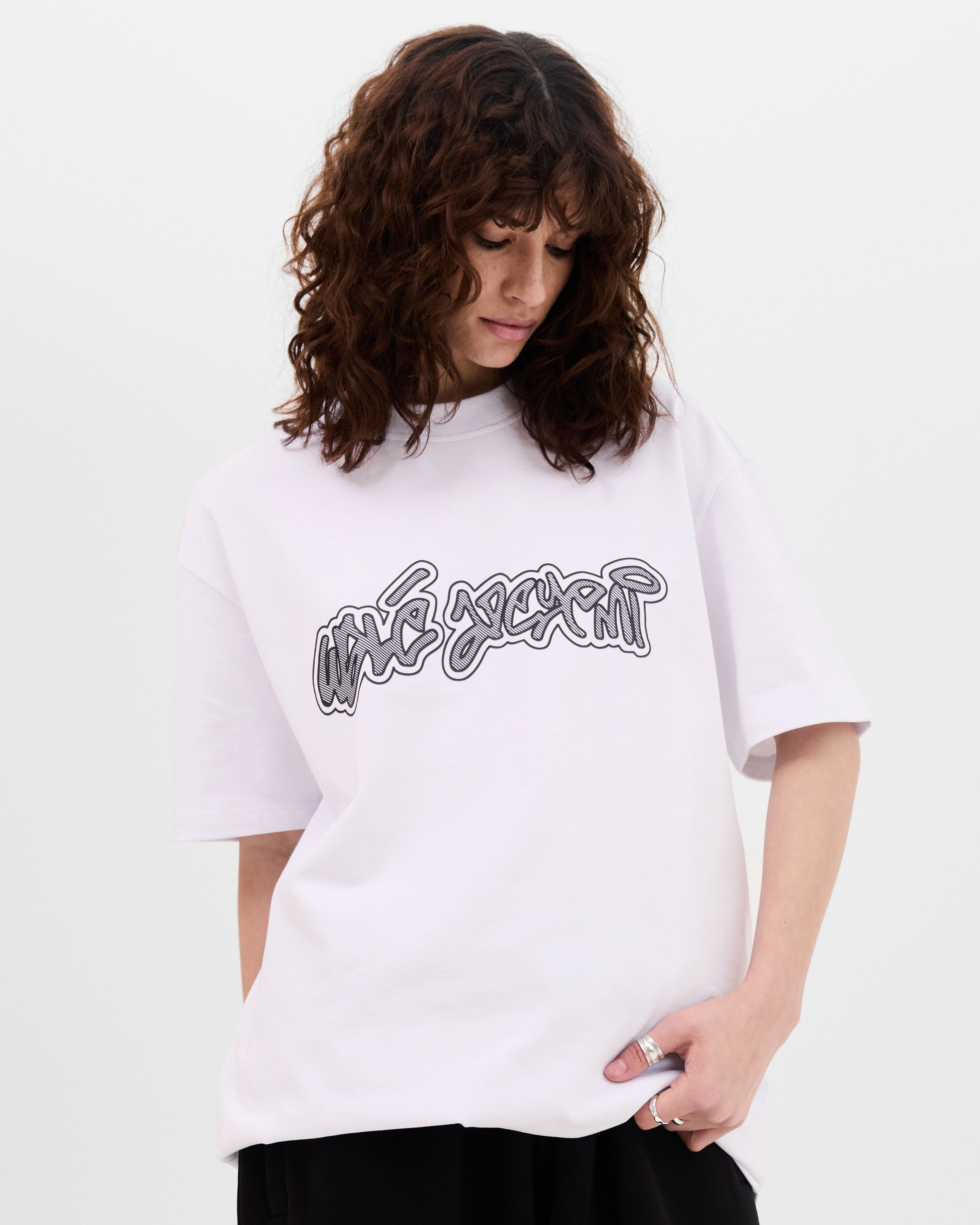 Model wearing the Walé Adeyemi Rhythm T-shirt in White/Black, front view