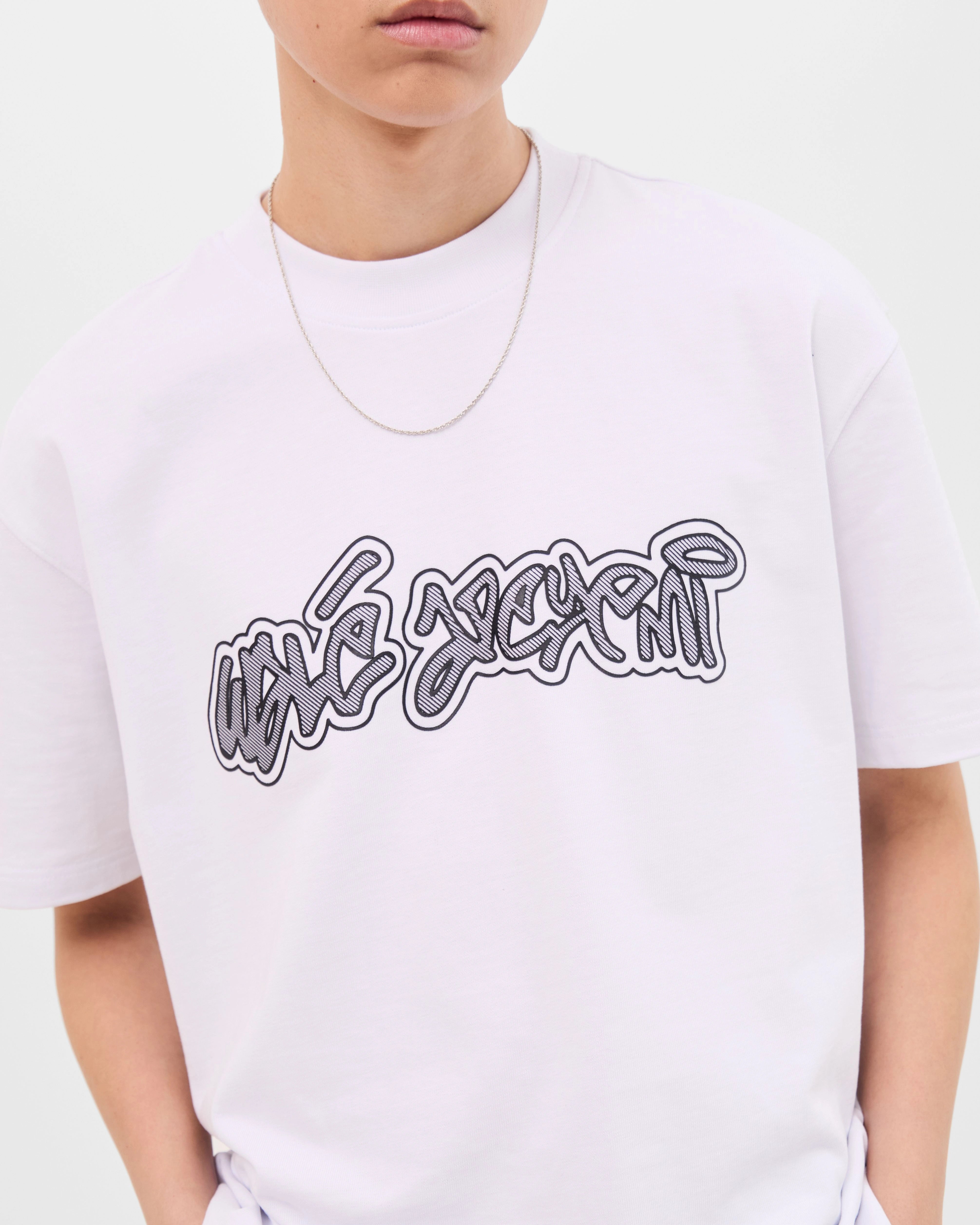 Model wearing the Walé Adeyemi Rhythm T-shirt in White/Black, close front view