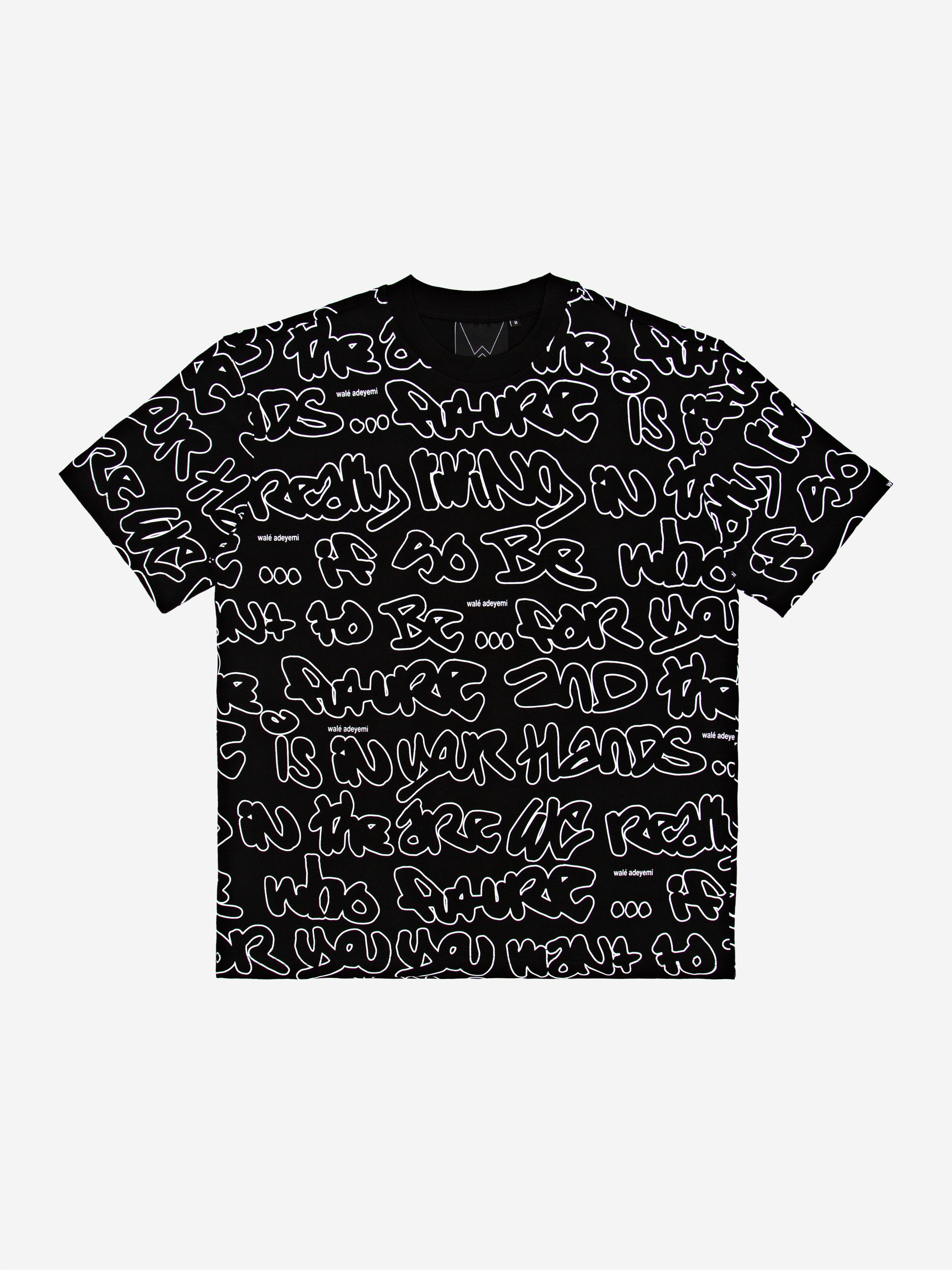 Walé Adeyemi AOP Graf T-shirt in Black, front flat-lay view showing the all-over graffiti-style print