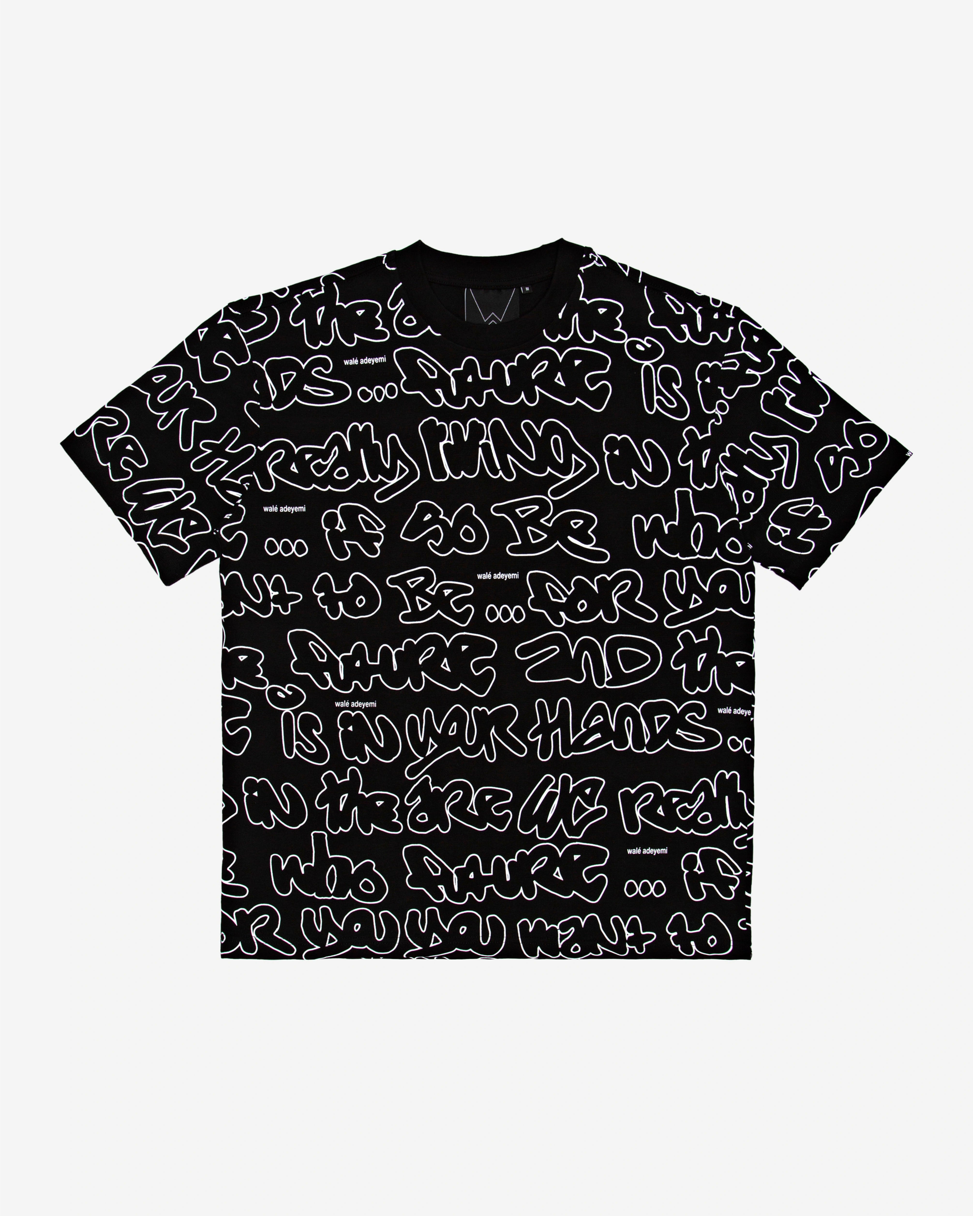 Walé Adeyemi AOP Graf T-shirt in Black, front flat-lay view showing the all-over graffiti-style print