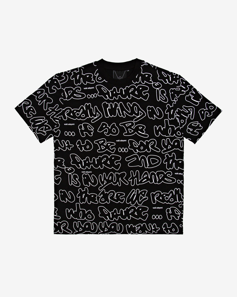 Walé Adeyemi AOP Graf T-shirt in Black, front flat-lay view showing the all-over graffiti-style print