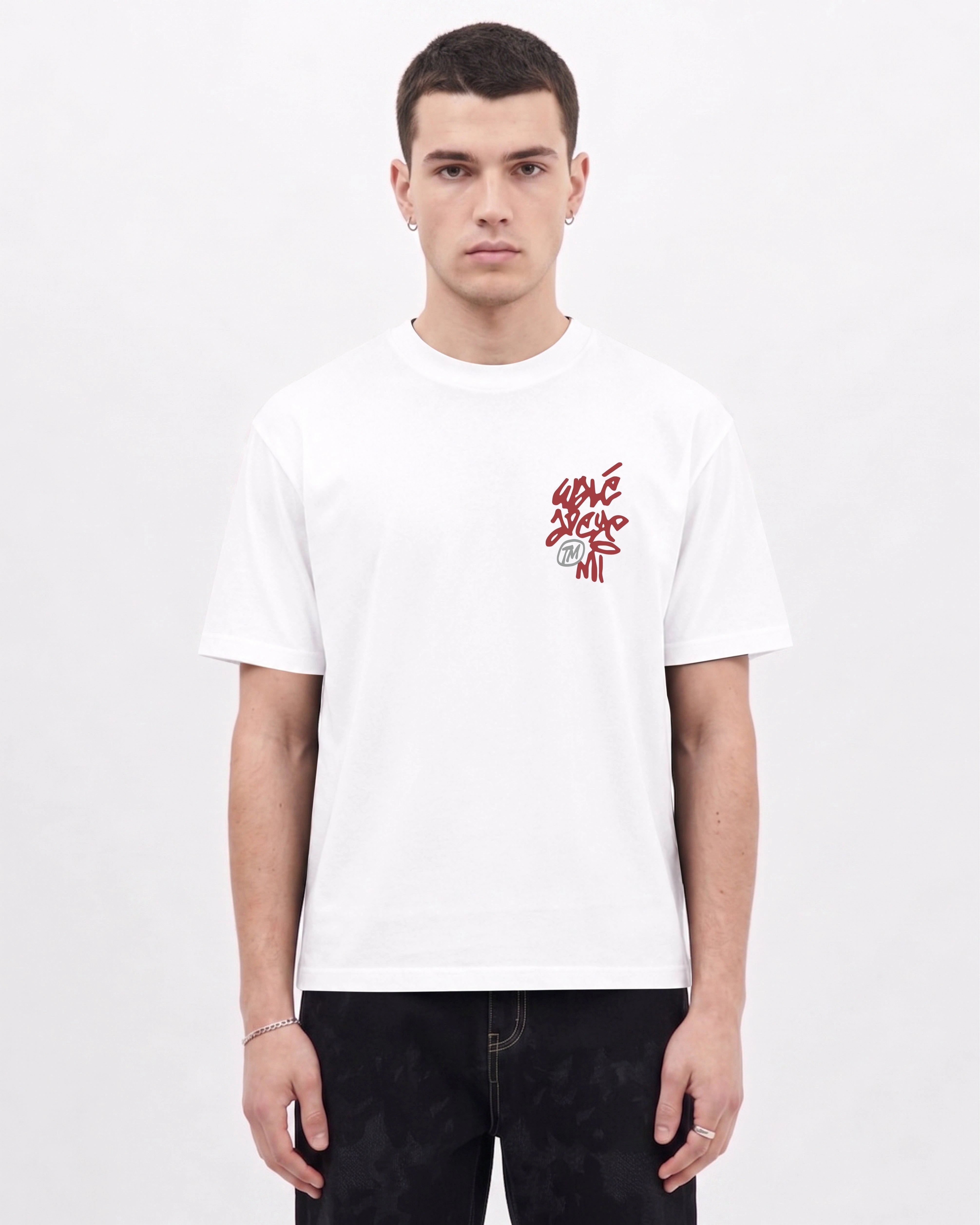 Model wearing the Walé Adeyemi Vinnie T-shirt in White/Red, front view