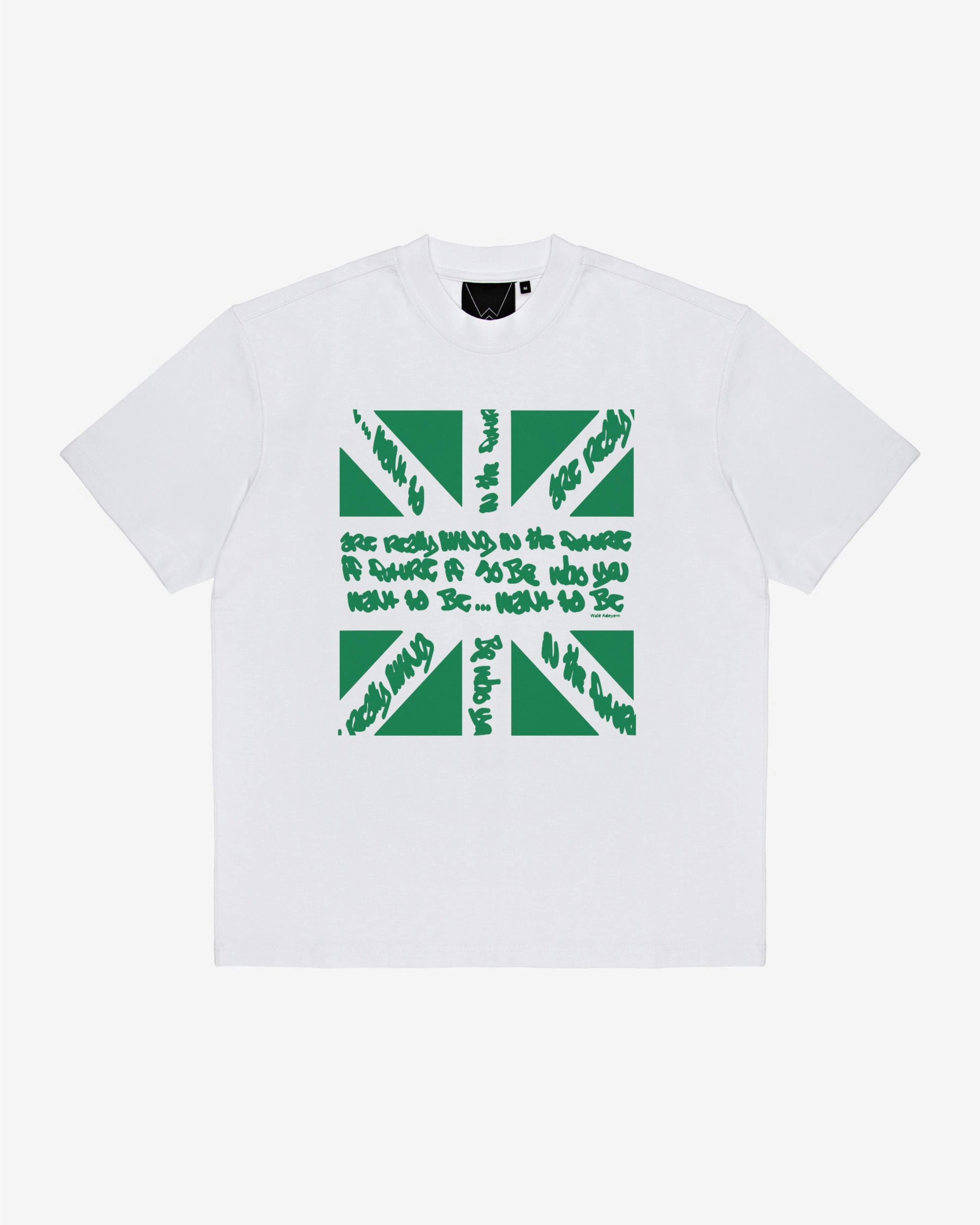 Union T-shirt in white/green, close-up front detail — By Walé Adeyemi