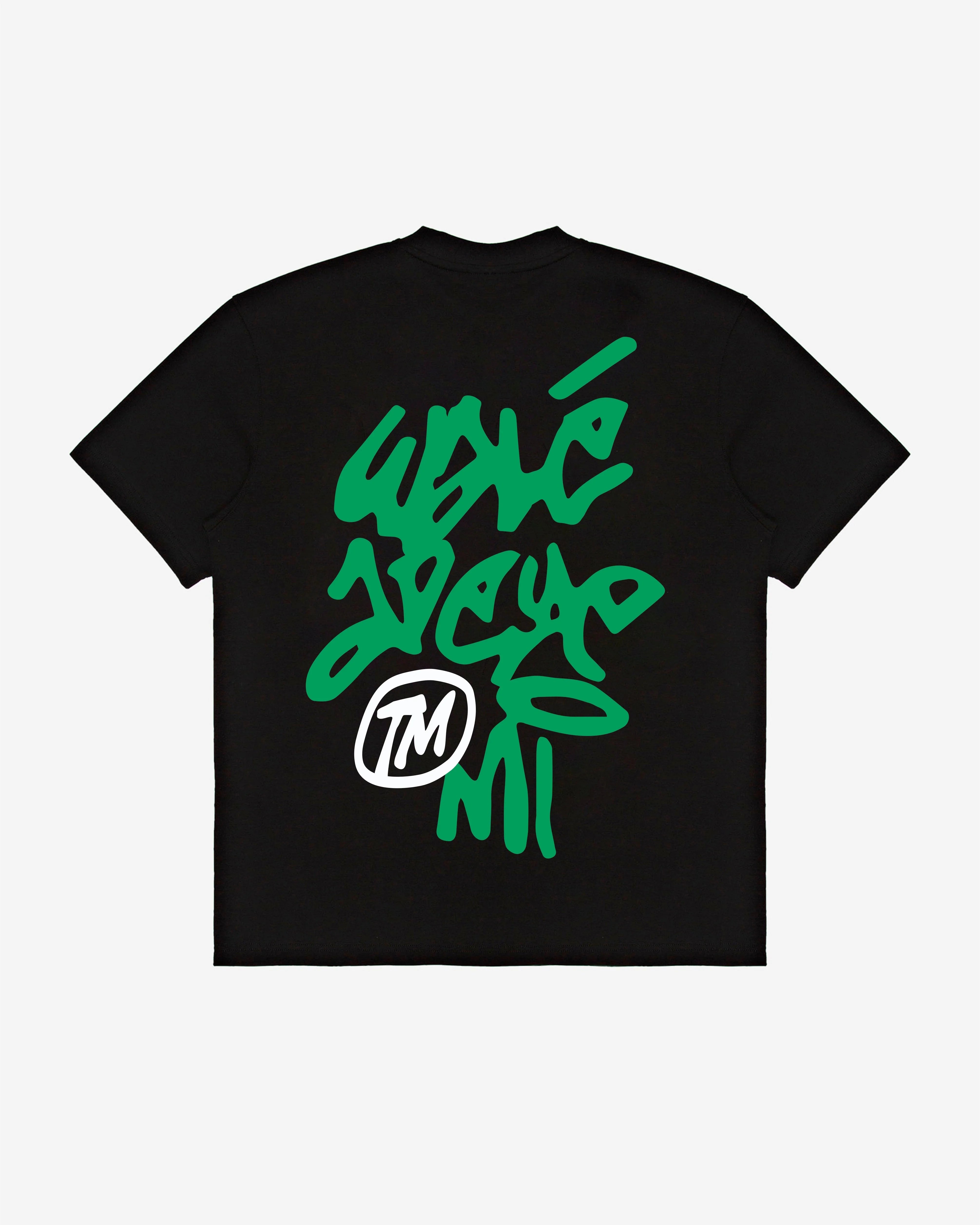 Vinnie T-shirt in black/green, back view — By Walé Adeyemi