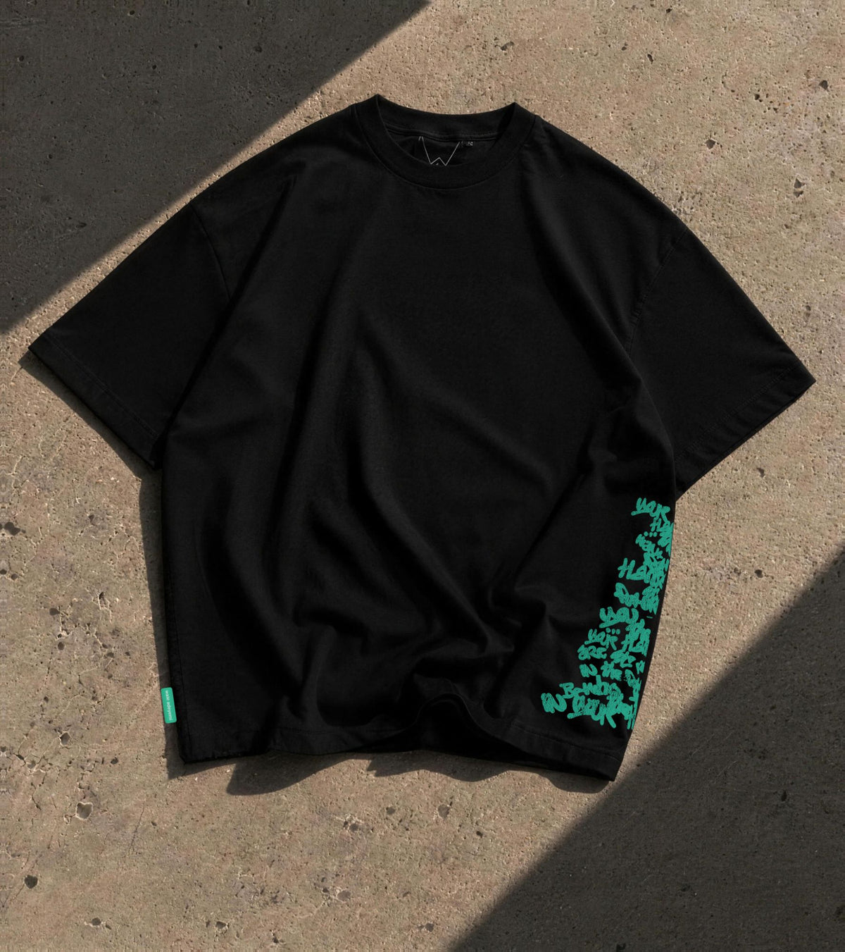 Walé Adeyemi Hendrix T-shirt in Black/Green laid flat on concrete in sunlight, front