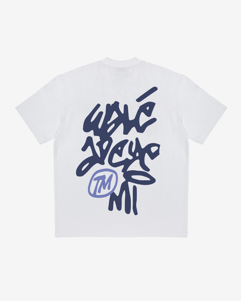 Close-up back view of the Walé Adeyemi Vinnie T-shirt in White/Blue