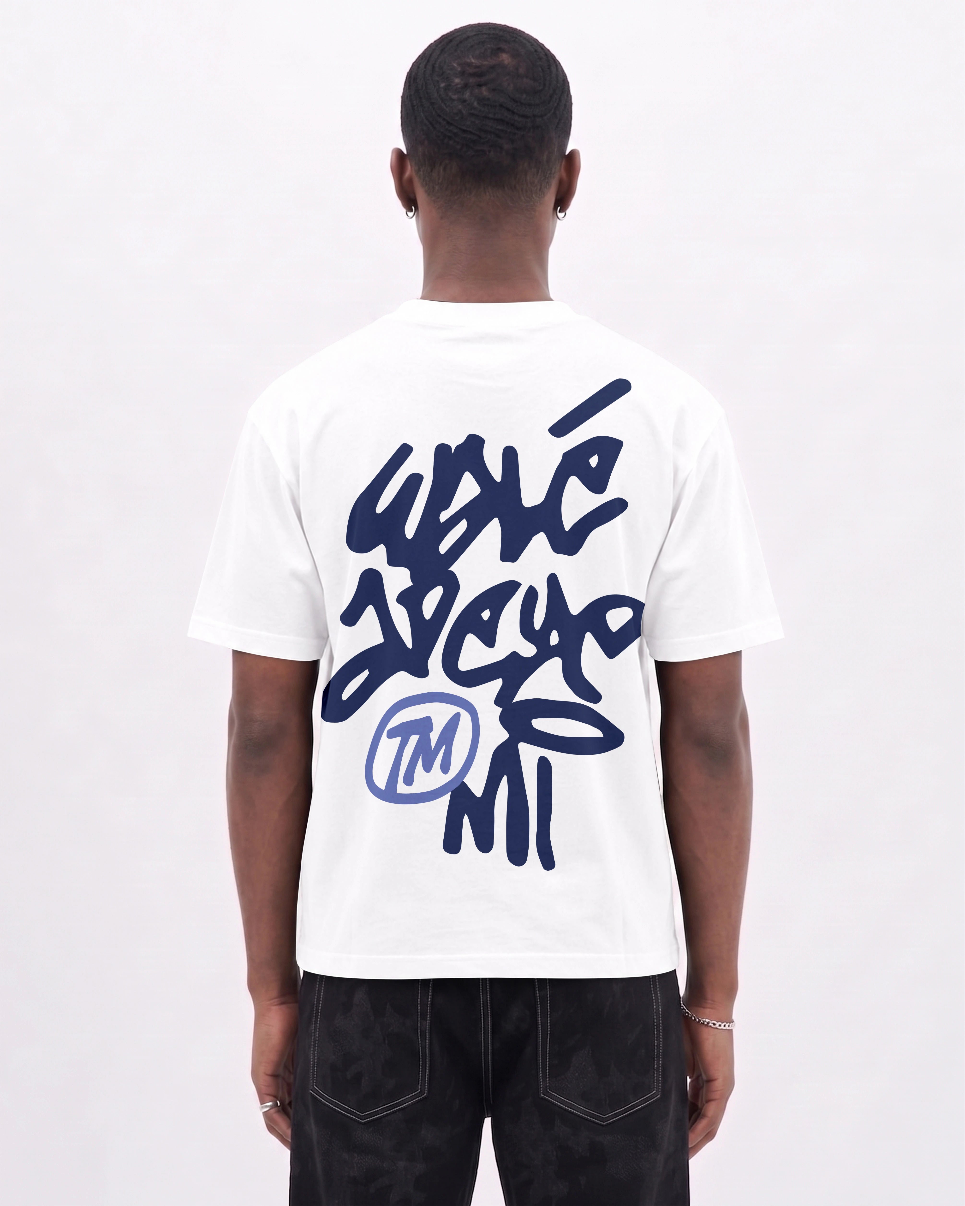 Model wearing the Walé Adeyemi Vinnie T-shirt in White/Blue, back view