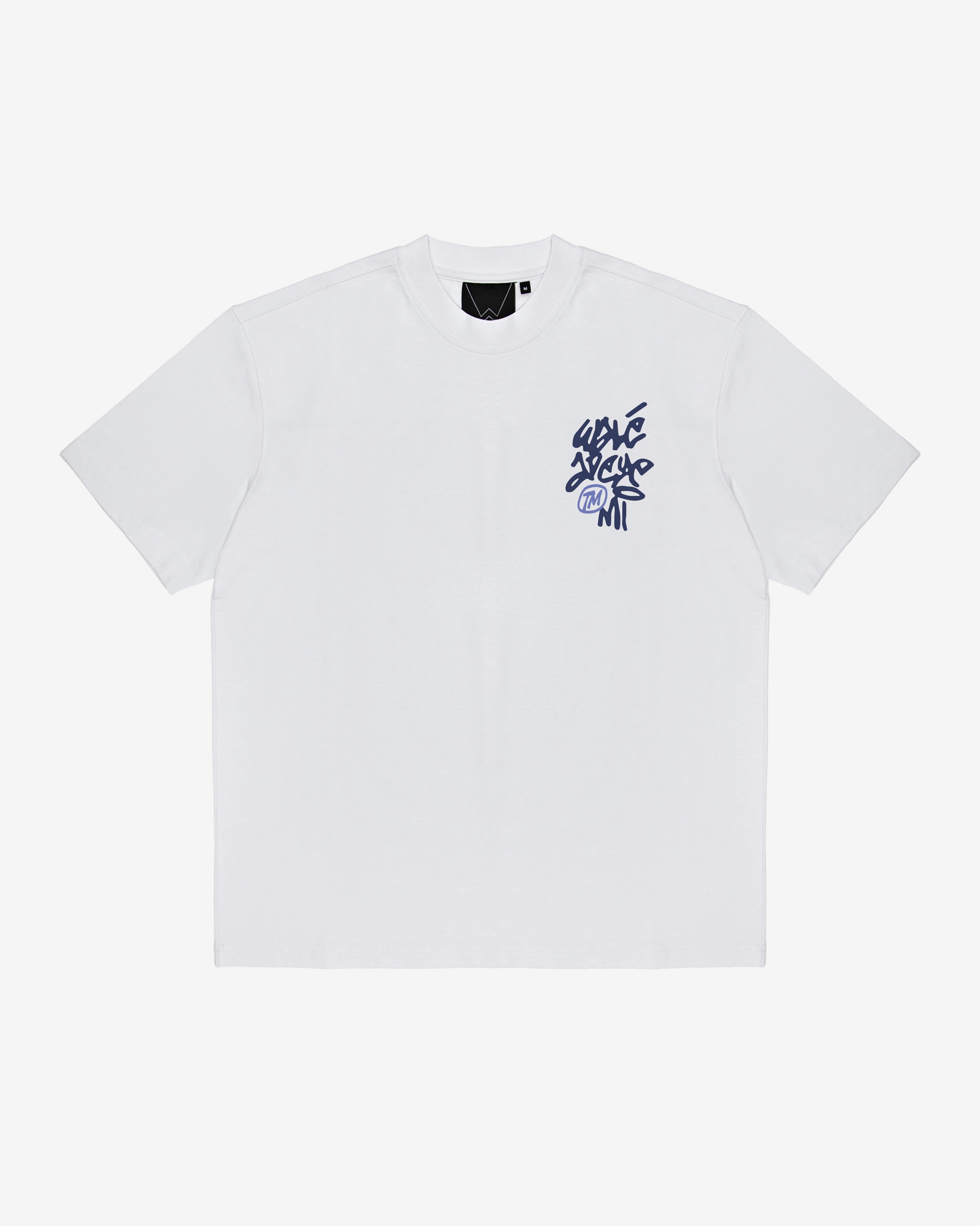 Close-up front view of the Walé Adeyemi Vinnie T-shirt in White/Blue
