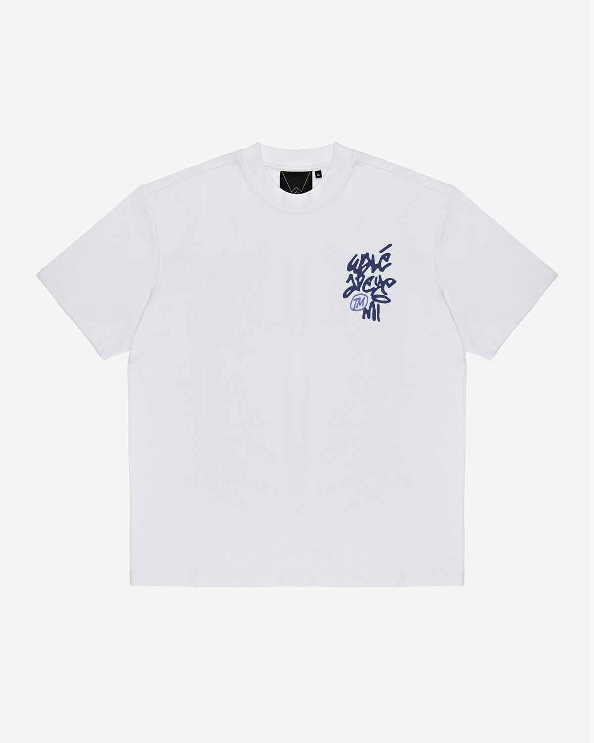Close-up front view of the Walé Adeyemi Vinnie T-shirt in White/Blue