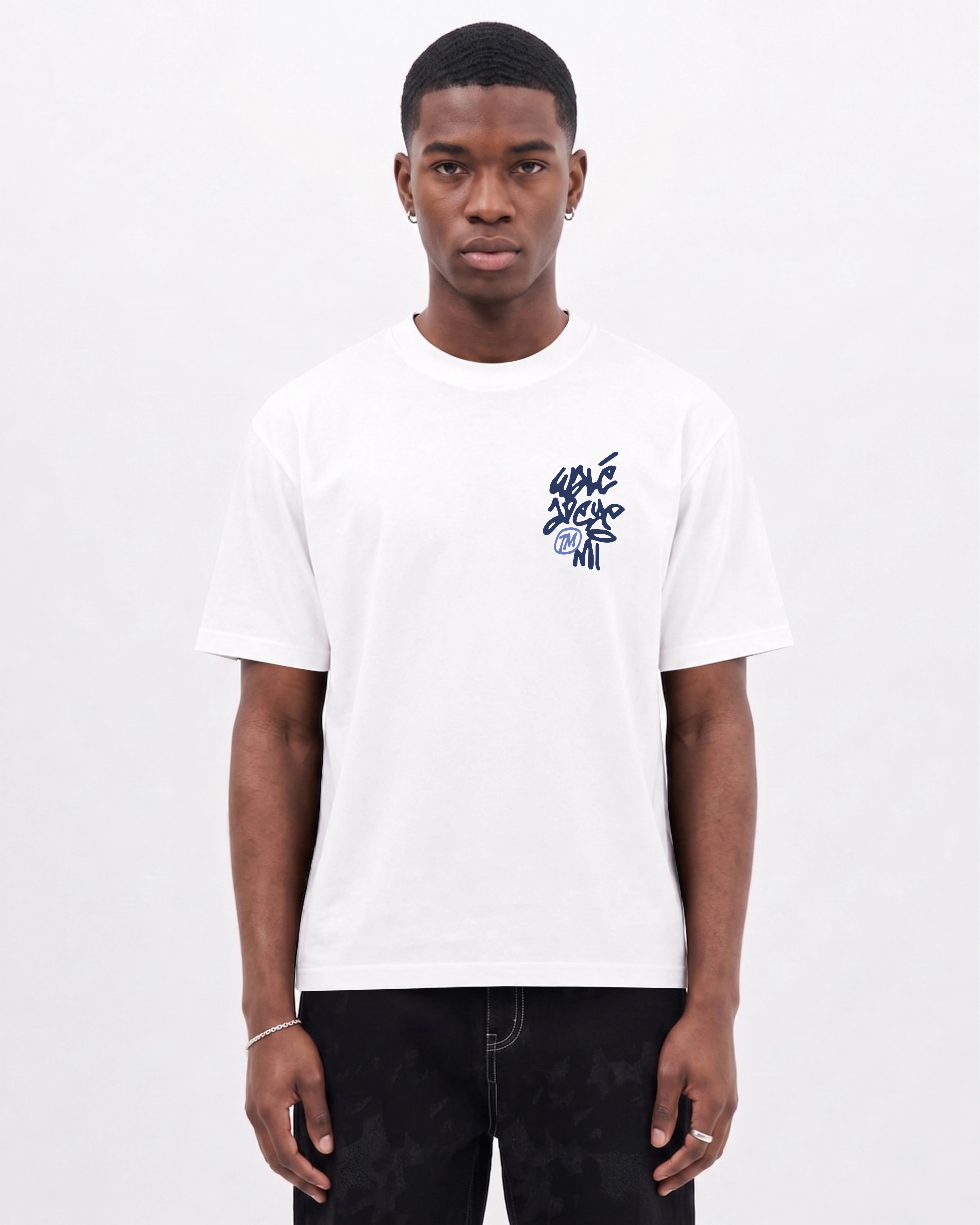 Model wearing the Walé Adeyemi Vinnie T-shirt in White/Blue, front view