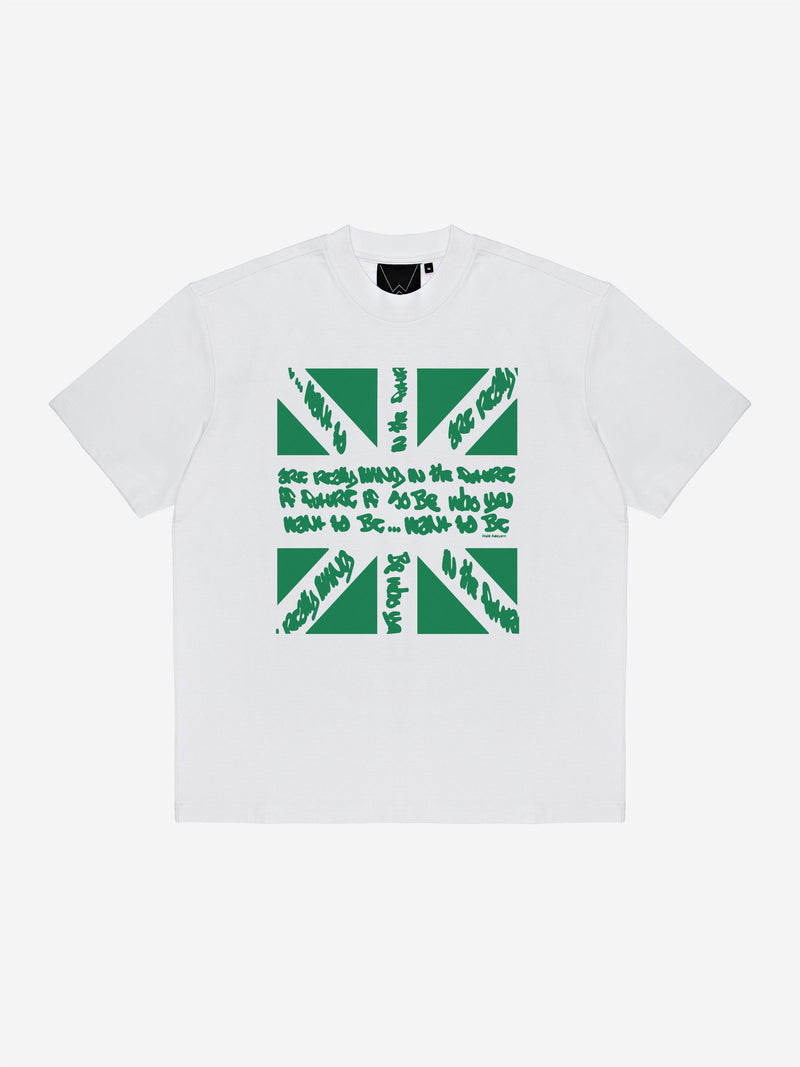Union T-shirt in white/green, close-up front detail — By Walé Adeyemi