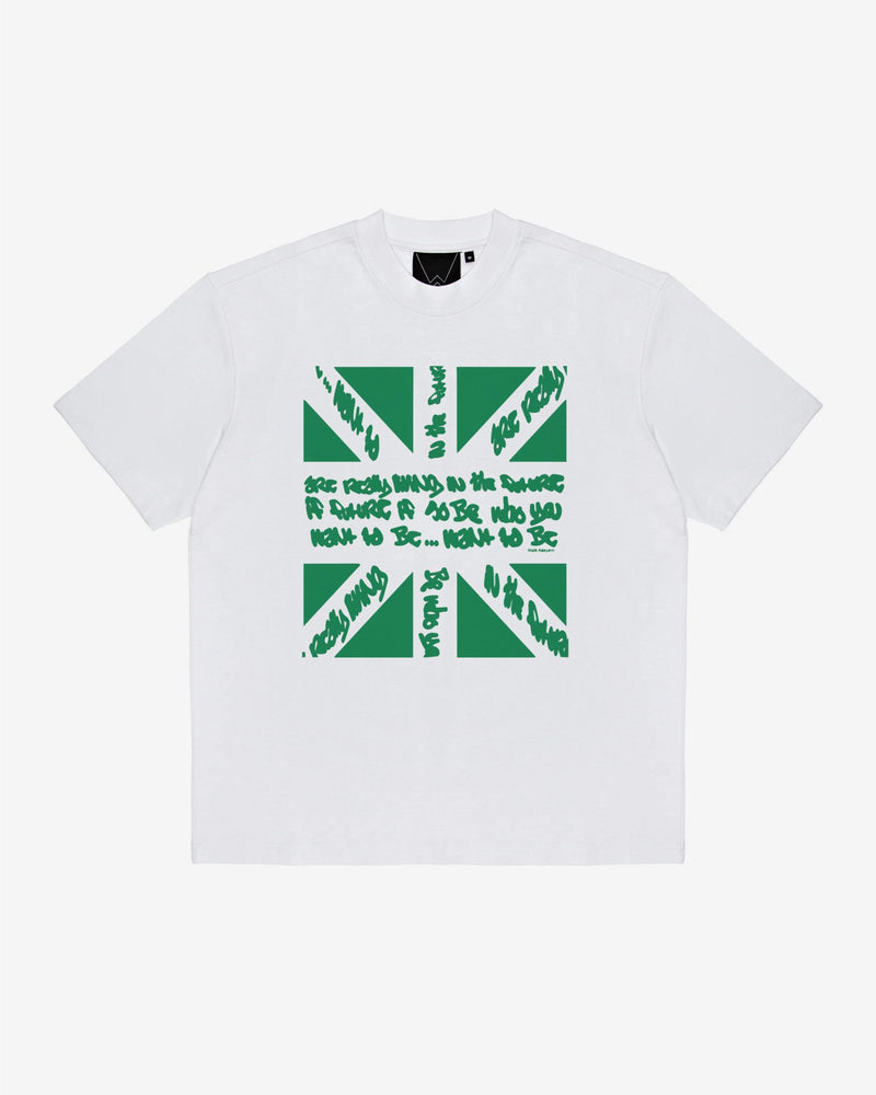 Union T-shirt in white/green, close-up front detail — By Walé Adeyemi