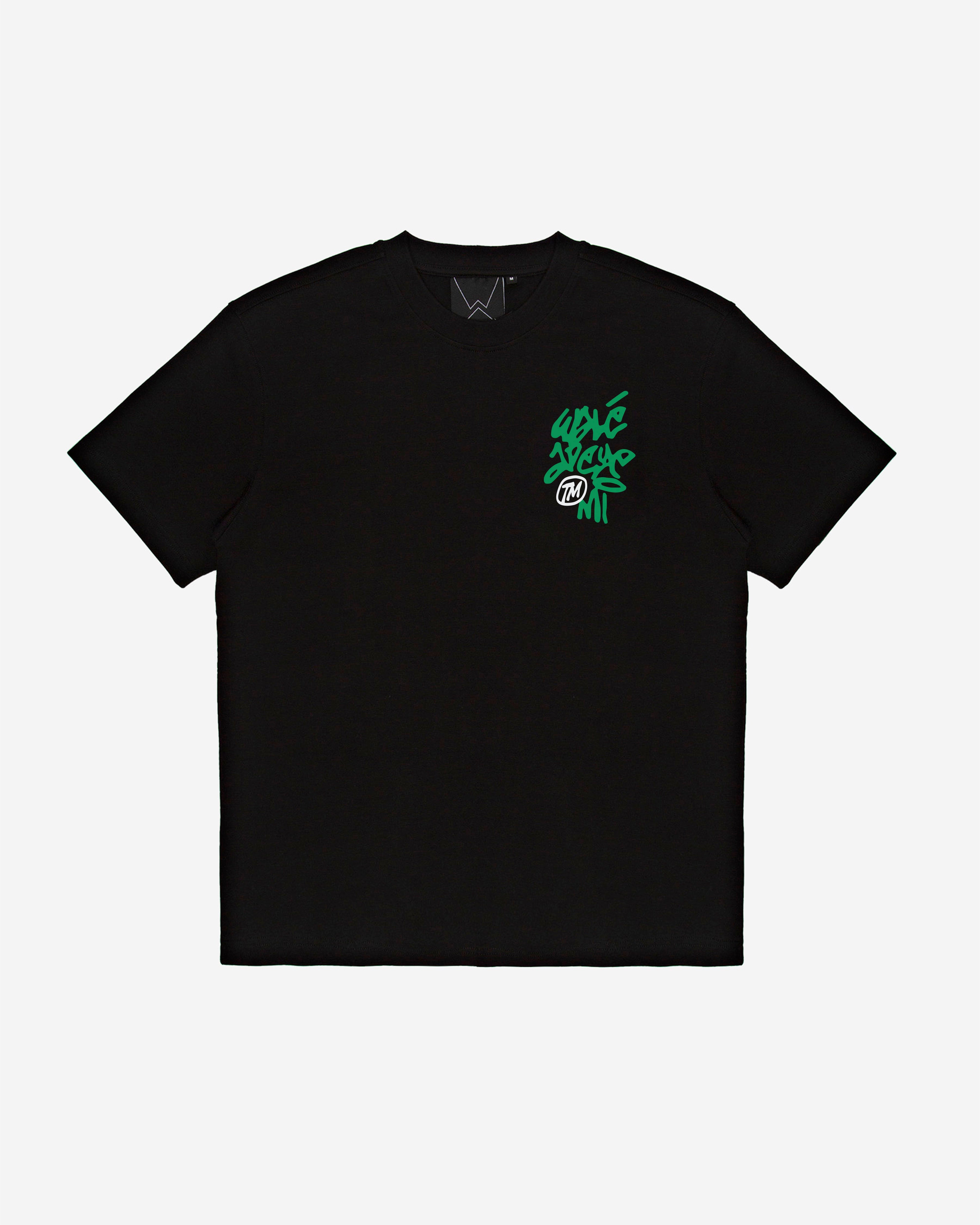Vinnie T-shirt in black/green, front view — By Wale Adeyemi