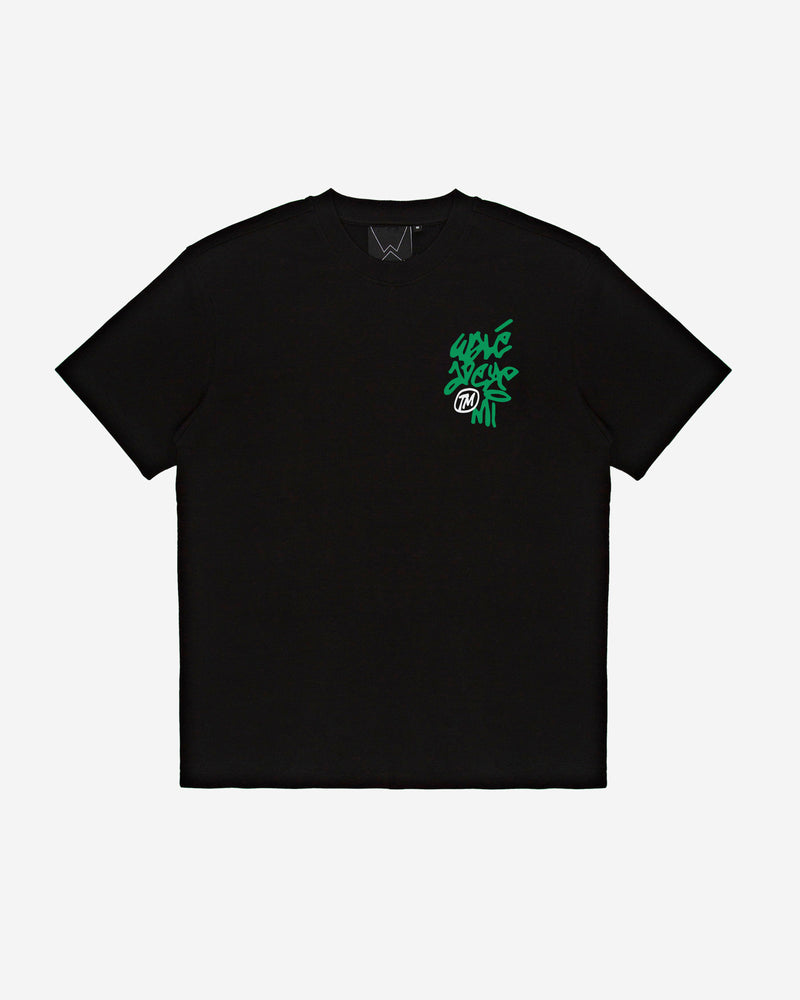 Vinnie T-shirt in black/green, front view — By Wale Adeyemi