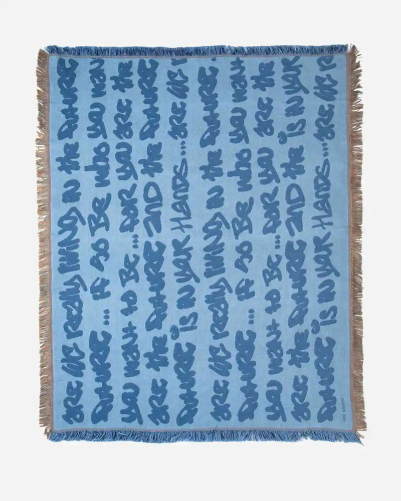 Walé Adeyemi blue graffiti print woven throw blanket with fringe